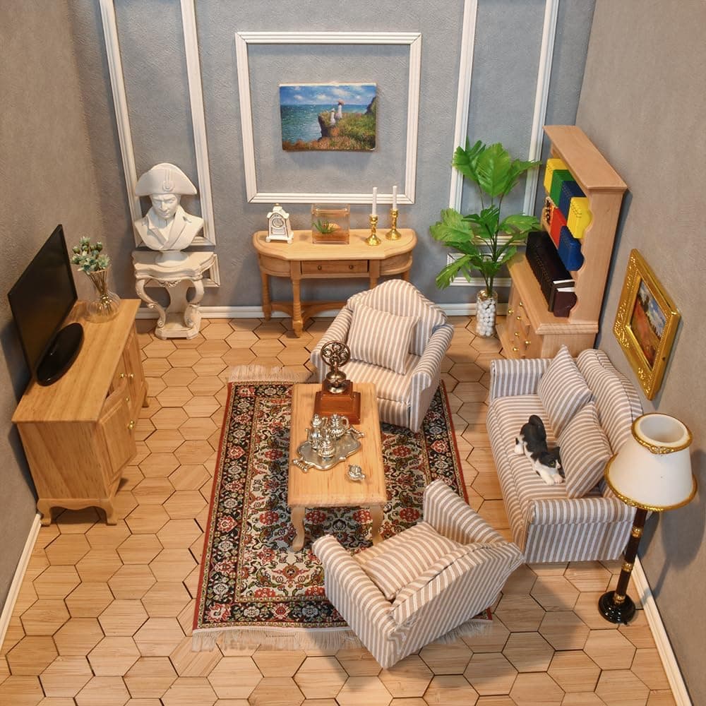 Miniature Wooden Dollhouse Furniture Set: Sofa, Cabinets, Coffee Table for Dollhouse Living Room (Classic Doll Furniture 7pcs)