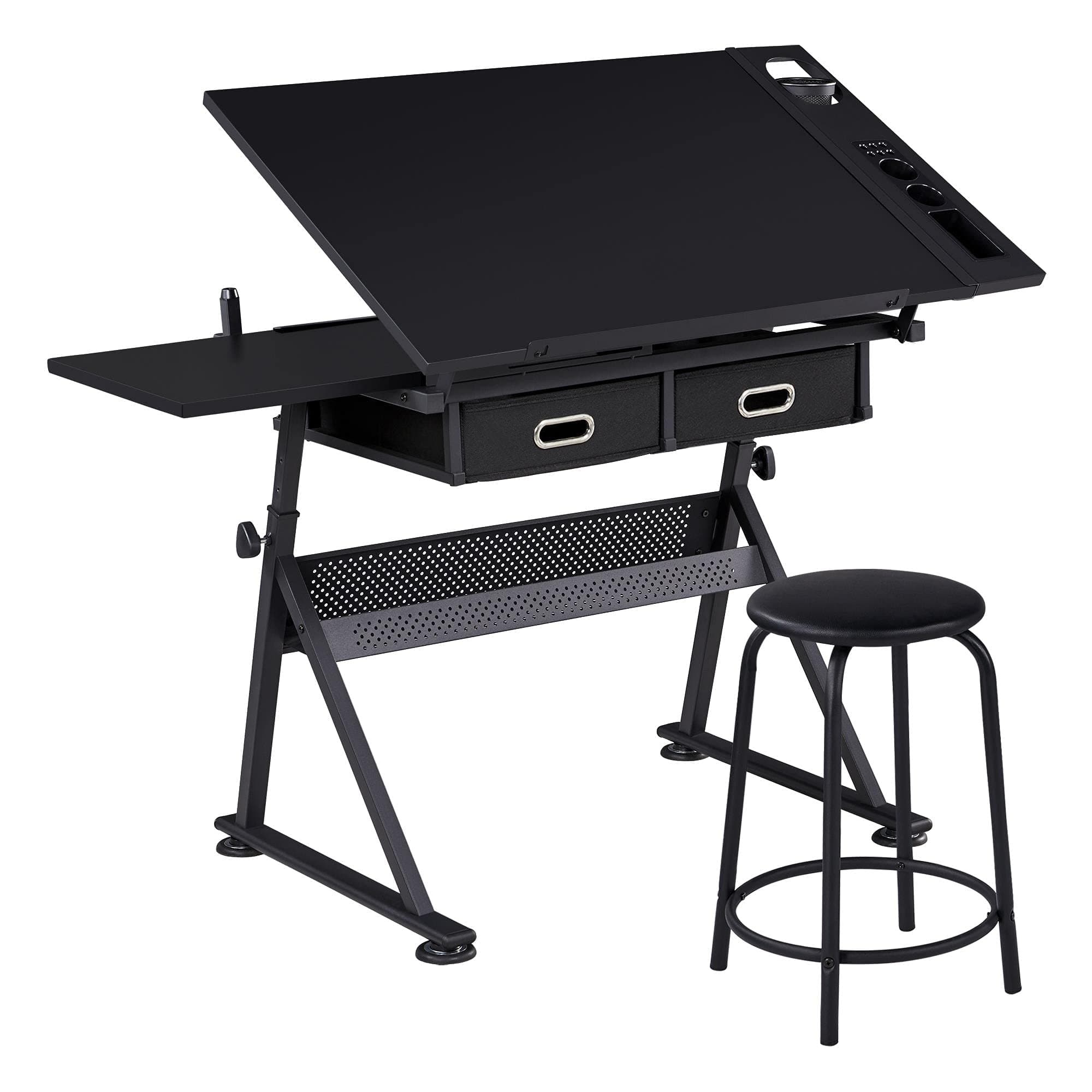 Yaheetech Adjustable Drafting Table, Tiltable Drawing Tabletop with Storage Drawers, Drawing Table Art/Craft Desk with Stool, 120.5x60x(69.5-92.5) cm