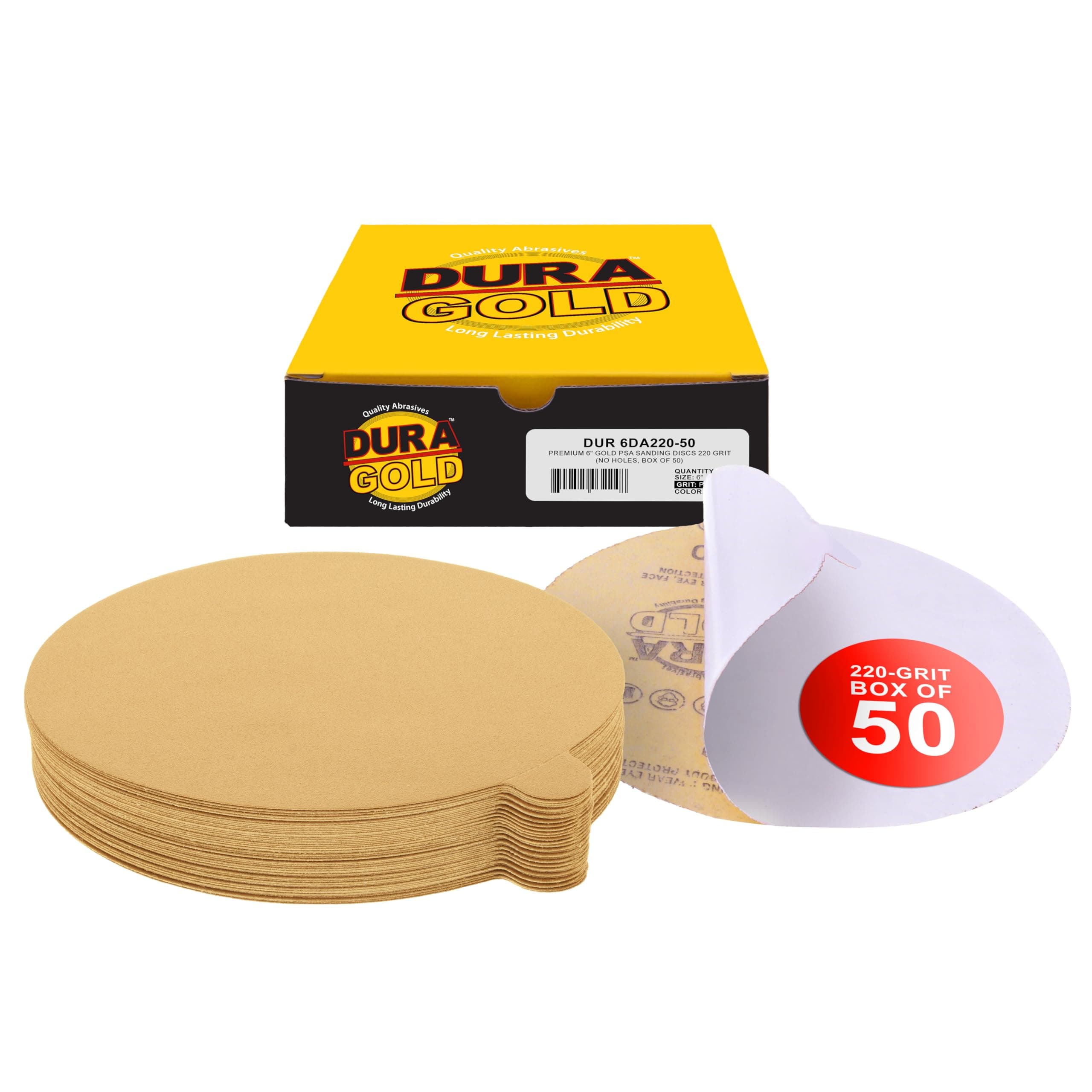 Premium 6" Gold PSA Sanding Discs - 220 Grit, Box of 50 - Self Adhesive Stickyback Sandpaper for DA Sander, Finishing Coarse-Cut Abrasive - Sand Automotive Car Paint, Woodworking Wood, Metal