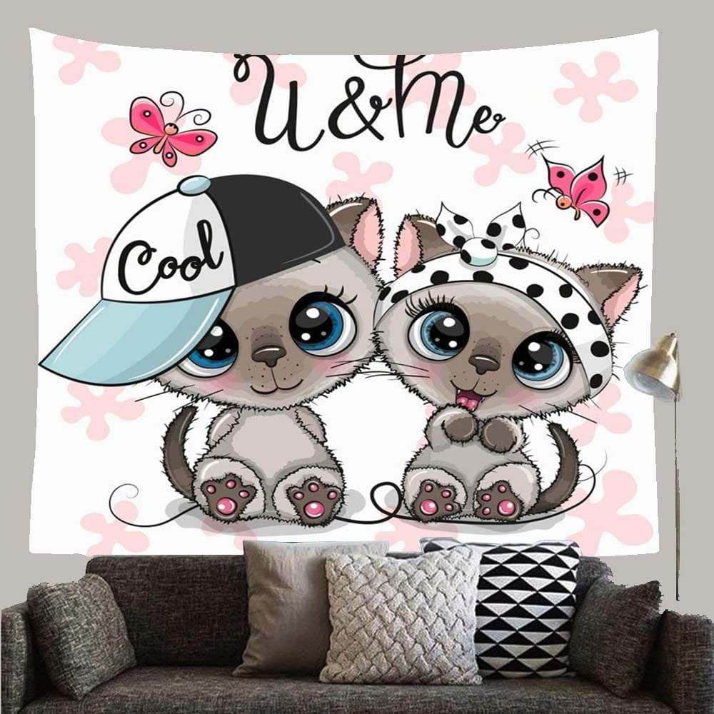 Huayuanhurug Baby Two Cute Day Kittens Boy Happy Girl Toy Animals Wildlife Beautiful Birthday Cap Celebrations Tapestry Wall Hanging for Bedroom Cool Tapestry for Dining Home Decor 59X51in