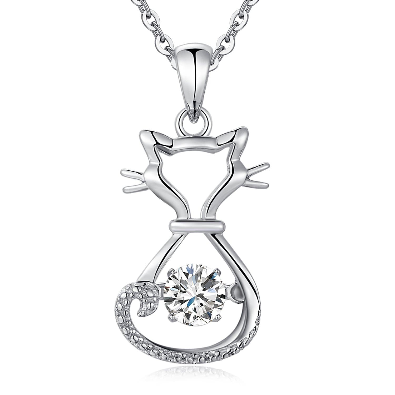 jiamiaoi 18K White Gold Plated Cat Necklace 925 Sterling Silver Diamond Cat Necklace Silver Cat On Moon Necklace for Women Gift for Birthday/Christmas, Come with Gift Box