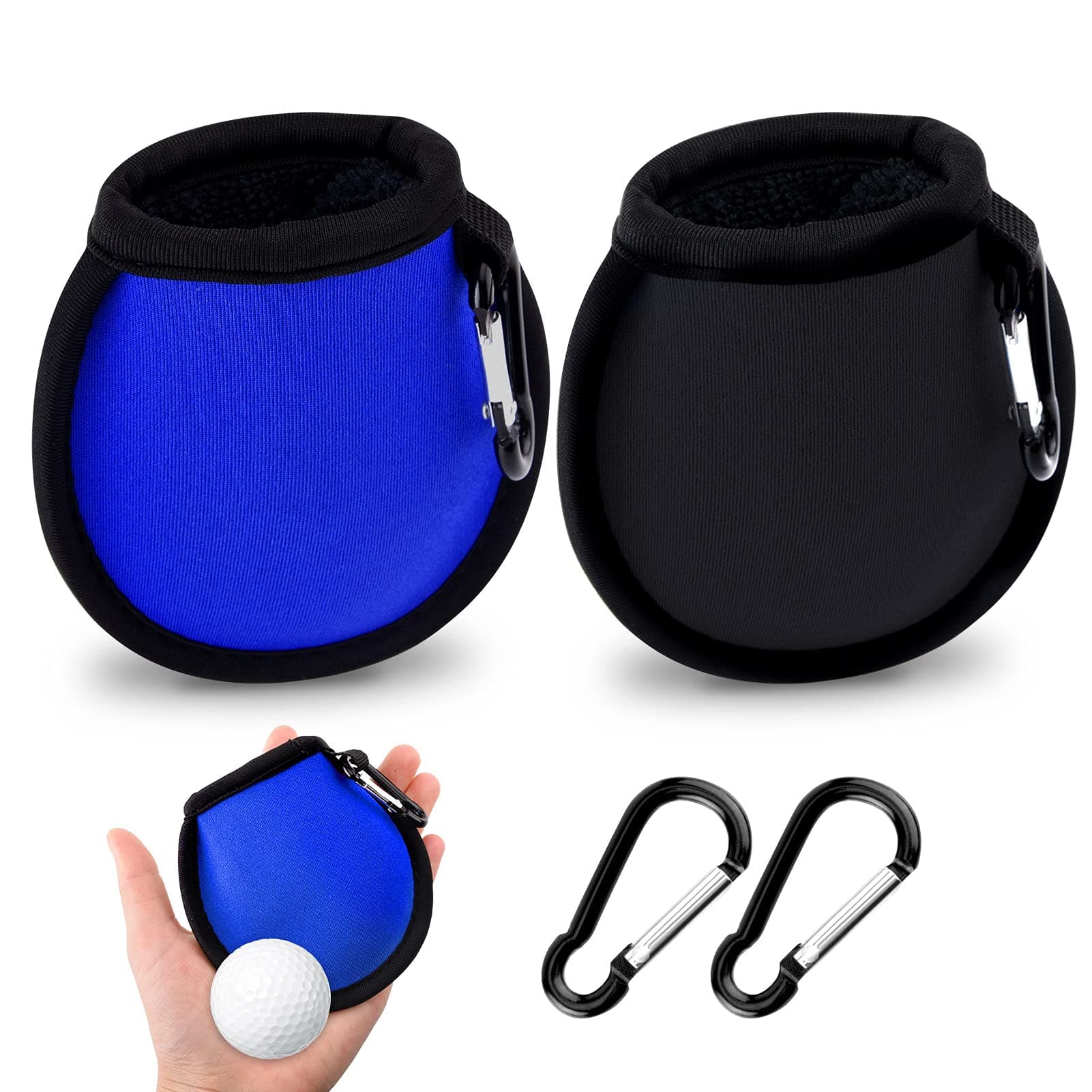 2 Pack Golf Ball Cleaner Pouch, Golf Ball and Club Clip on Waterproof Washer Pocket Accesorries for Men Ladies and Trolley Cart Bag(Black+Blue)