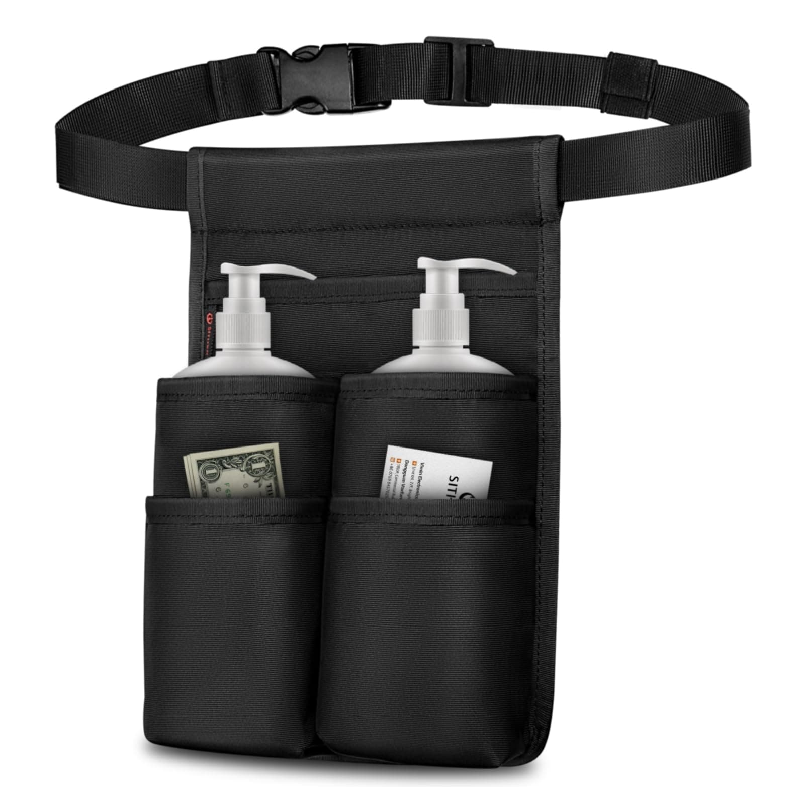 SITHON Massage Bottle Bag, Professional Massage Therapist Holster for 2 Bottles, Massage Lotion Oil Waist Holder Organizer with Adjustable Belt, Multiple Pockets (Bag Only), (Two-Bottle-Black)
