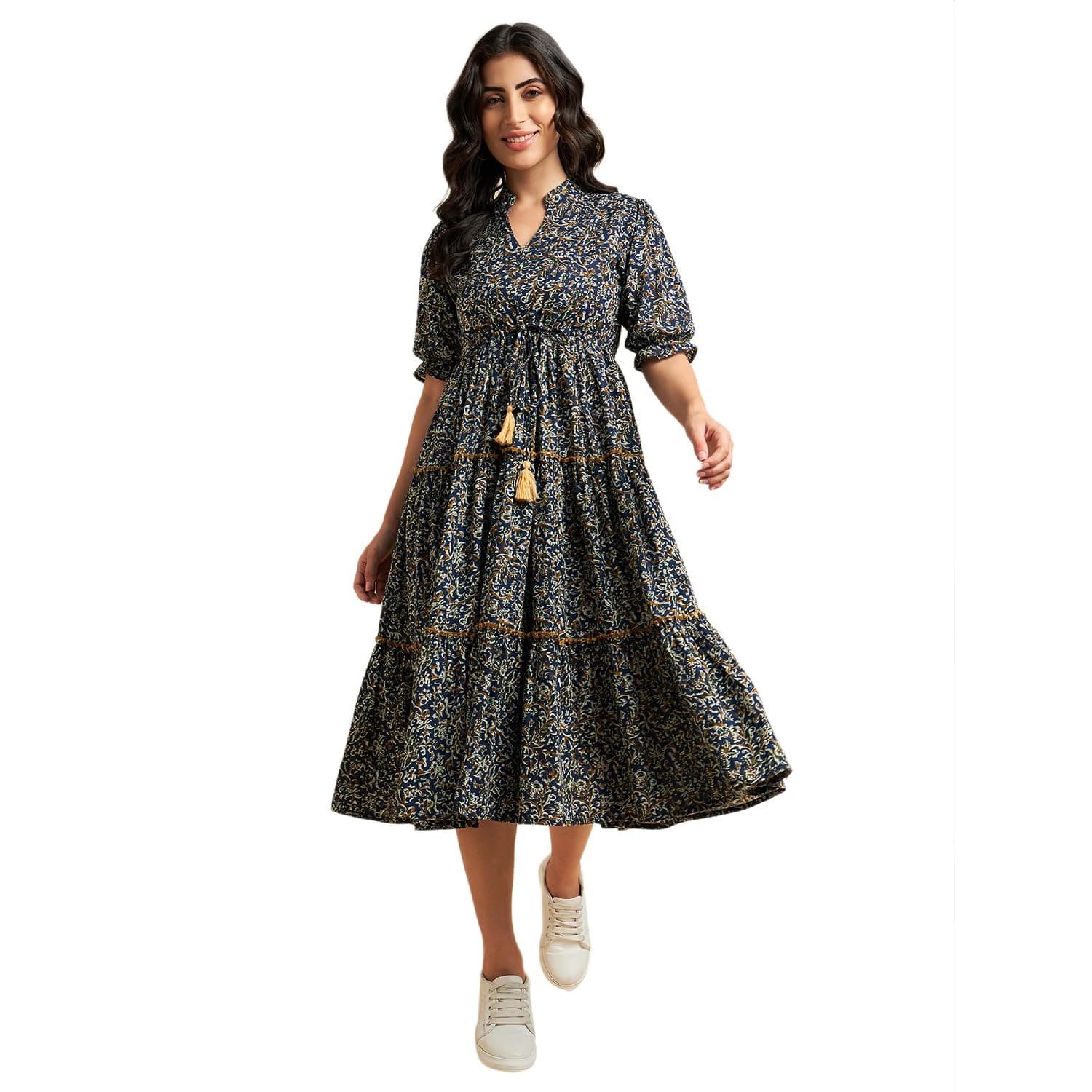 100% Cotton Printed Fit & Flared Mandarin Collar Midi Dress | Casual Dress | Dress for Woman | Summer Dress