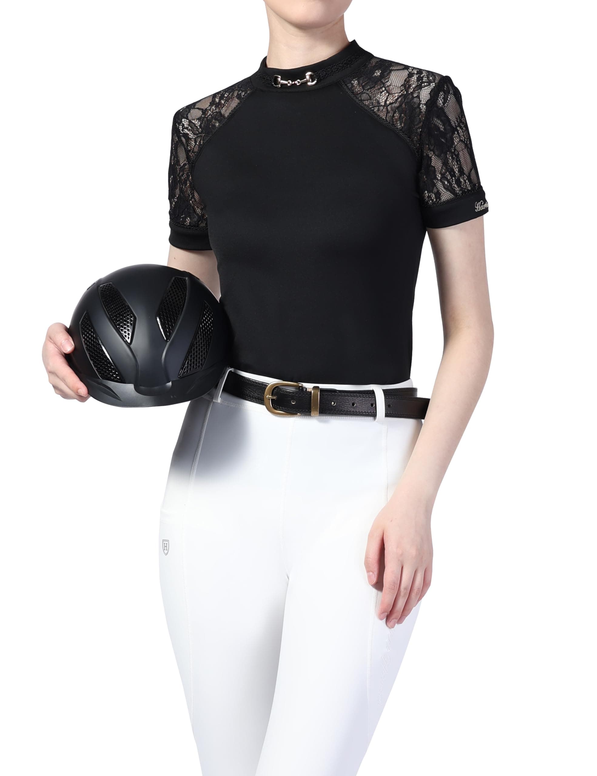 Harrison HowardWomen's Slim Fit Show Shirt with Lace Sleeves and Iconic Bit Breathable Comfortable Rider Top