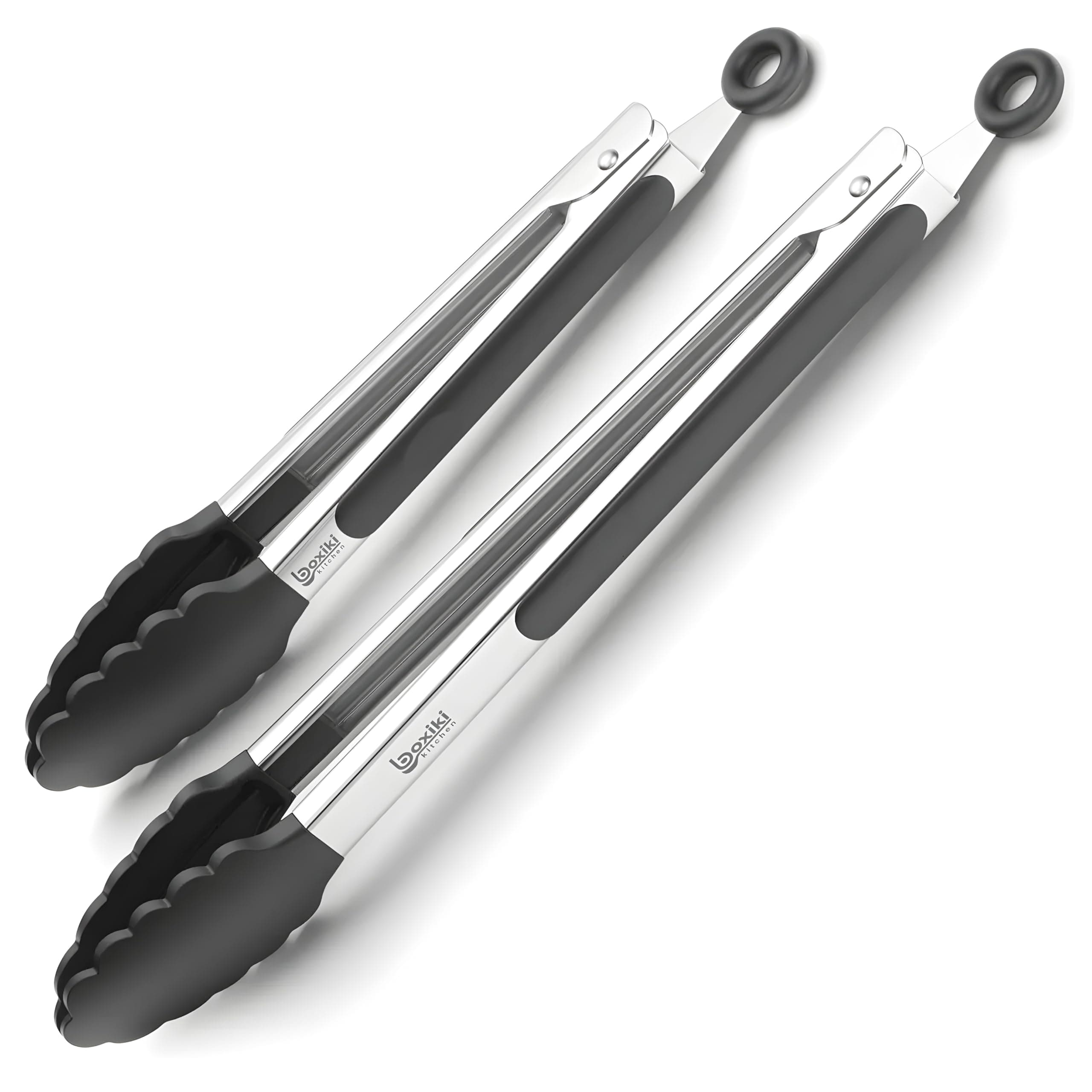 Kitchen Tongs for Cooking with Silicone Tips by Boxiki Kitchen, BPA Free Stainless Steel set of 2 Silicone Tongs for Cooking, Grilling & Toss a Salad, Heat Resistant Grill Tongs for Serving Food.
