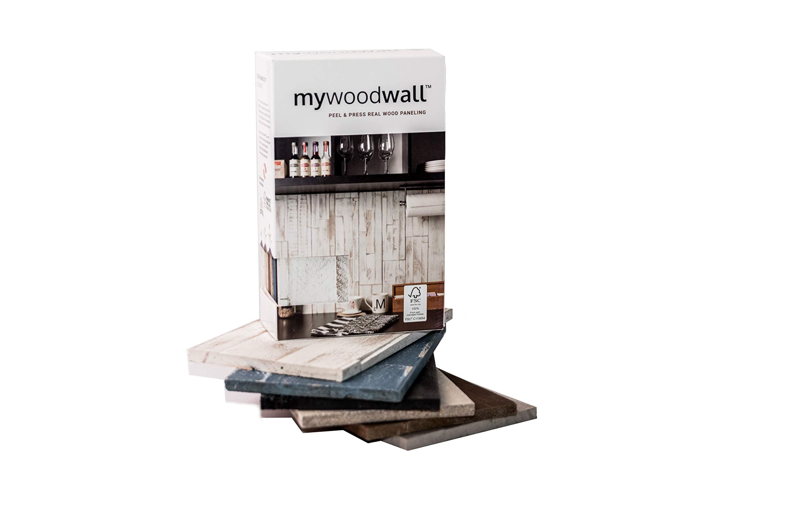 mywoodwall Non-Toxic DIY Wood Wall Paneling Arcadian Collection Sample Box, Timeless Design, 100% FSC Certified Real Wood, Peel/Press Easy Installation, 6 Colors, Each 7 3/4” L x 4 7/8” W x 3/8” H