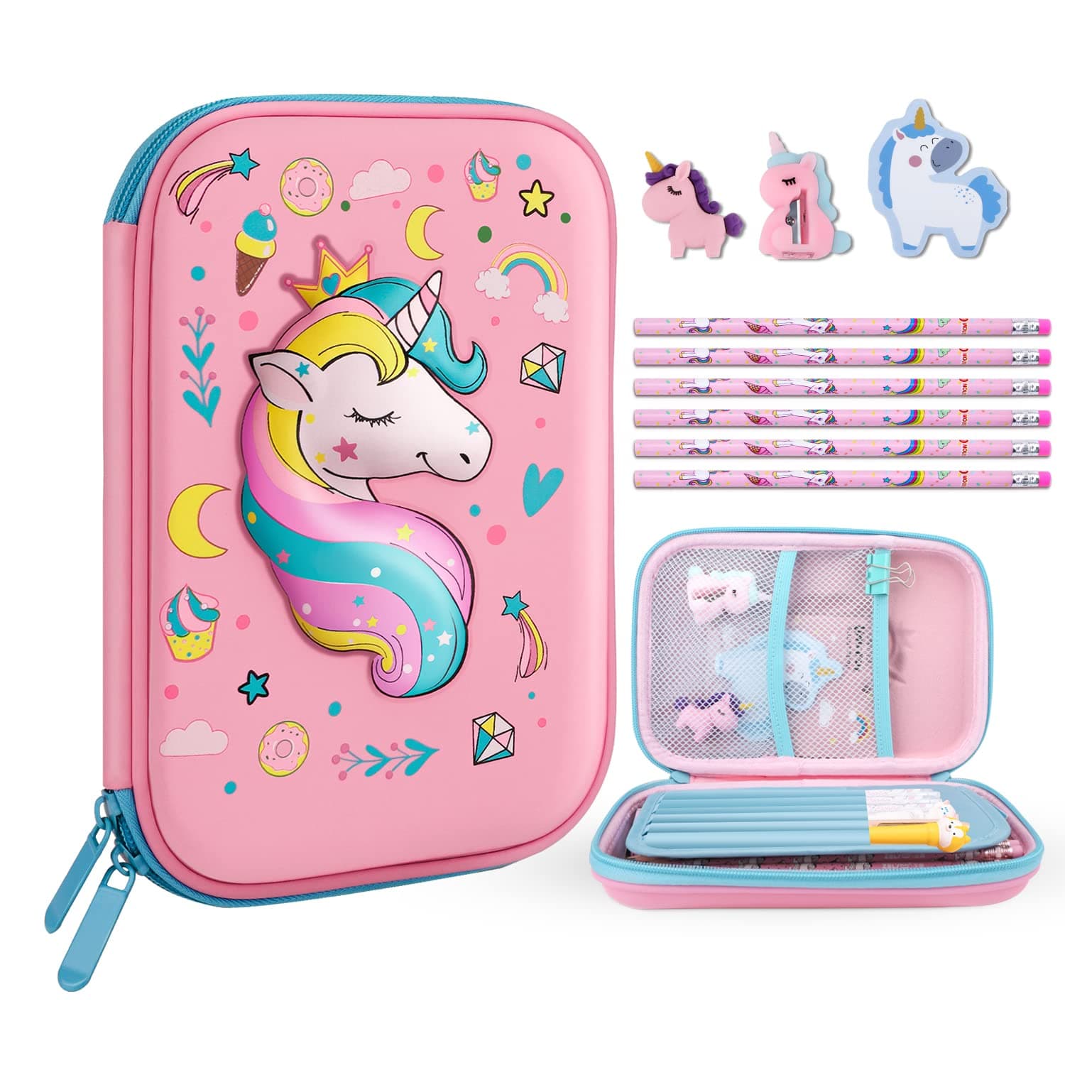 Pencil Case for Girls,Cute Unicorn Stationary Set for Kids,3D EVA School Large Capacity Pencil Pen Box with Compartment,School Supplies for Girls,Back to School Gifts for Kids,Pink