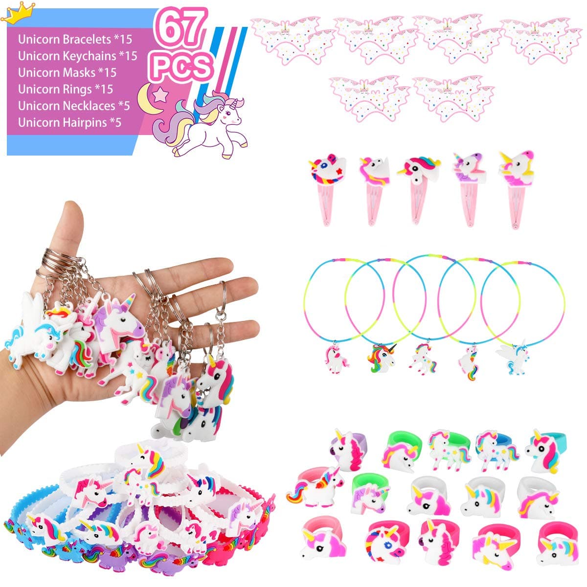 Unicorn Party Supplies Birthday Party Favors 67pcs Unicorn Theme Sets Includes Unicorn Masks Hairpins Necklaces Keychains Bracelets Rings - Novelty Decoration Toys Rainbow Prize Gifts for Kids Girl