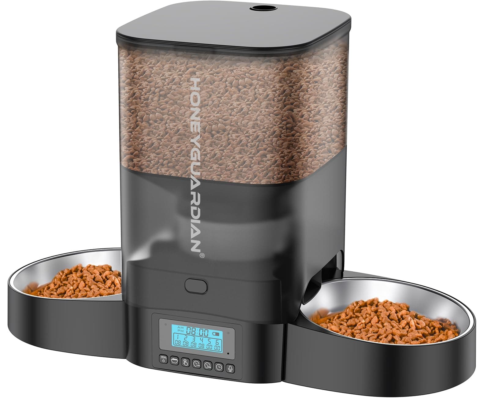 HoneyGuaridan 3.5L Automatic Cat Feeder for Two Cats, Food Dispenser with Stainless Steel Bowl,Timed Cat Feeder Programmable 1-6 Meals Control, Dual Power Supply,10s Meal Call Black