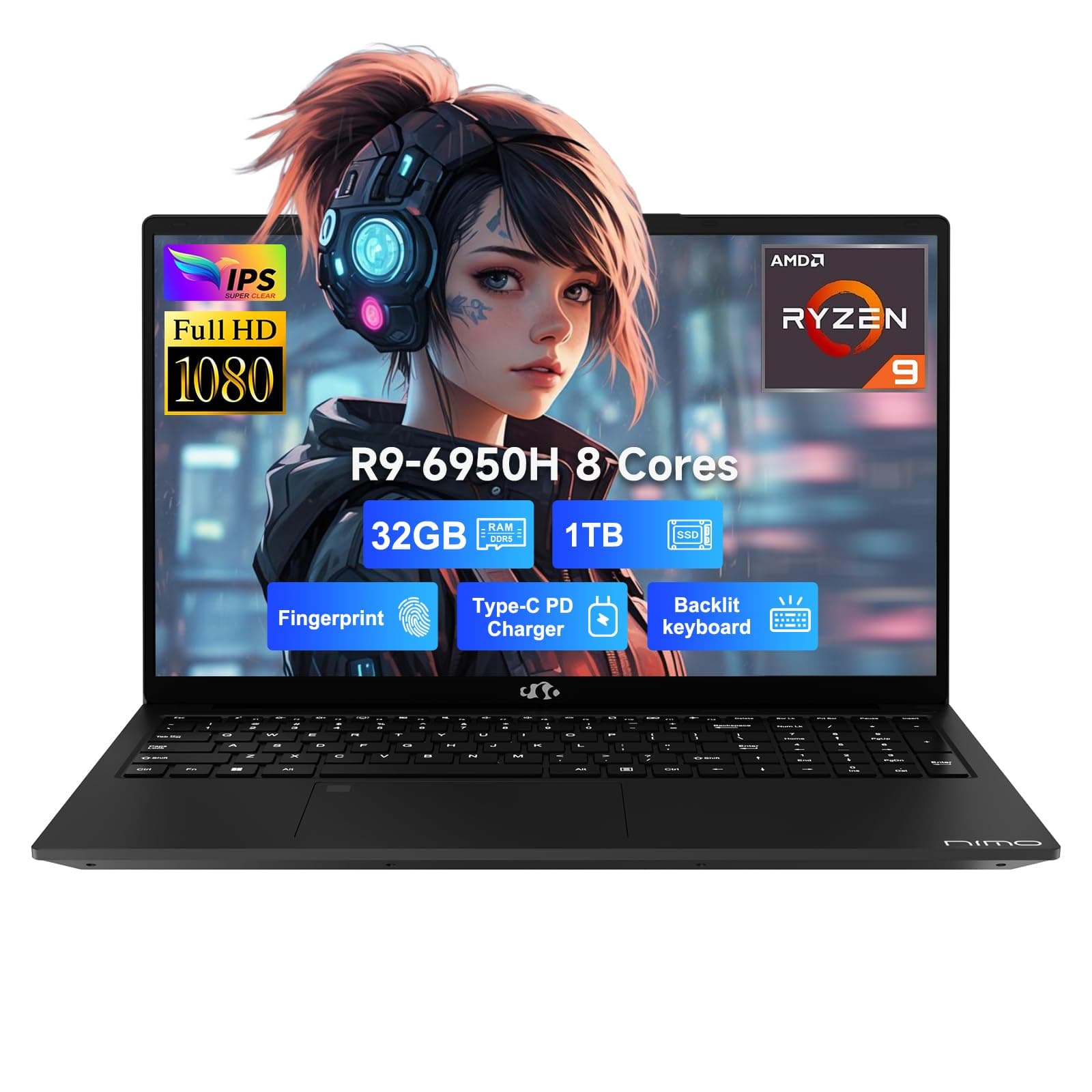 NIMO 17.3 IPS FHD Display Gaming Laptop with 8 Cores AMD Ryzen 9 Pro 6950H 680M(Up to 4.9GHz, Beatsi9-10900), DDR5 32GB RAM 1TB SSD, 100W Type C, Backlit Keyboard,WiFi 6, BT5.2, USB3.2, Win 11
