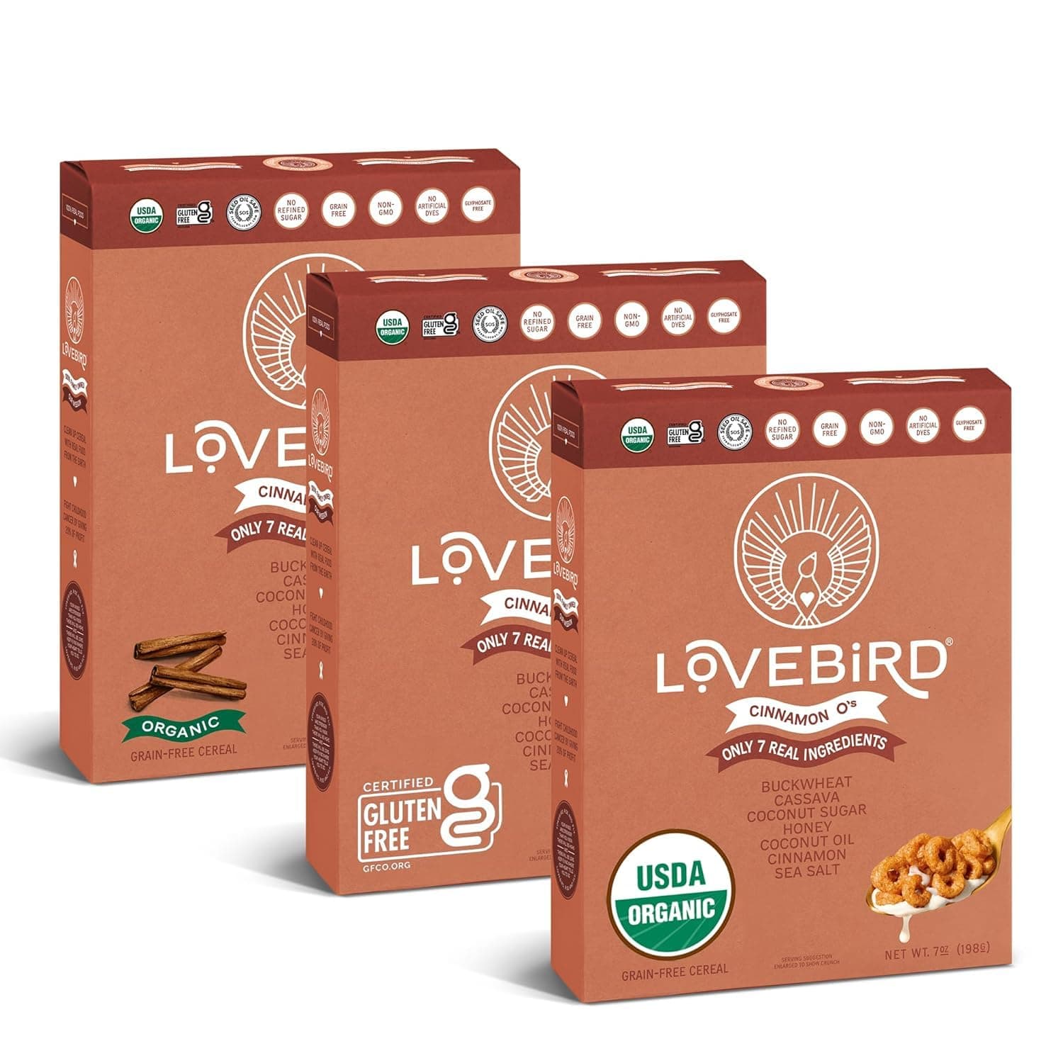 Lovebird Organic Cereal That Actually Tastes Good - 100% Real Food & Healthy Gluten Free Cereal, No Refined Sugar, Paleo, Keto Friendly Healthy Snacks for Kids, Adults - Cinnamon, 3-Pack