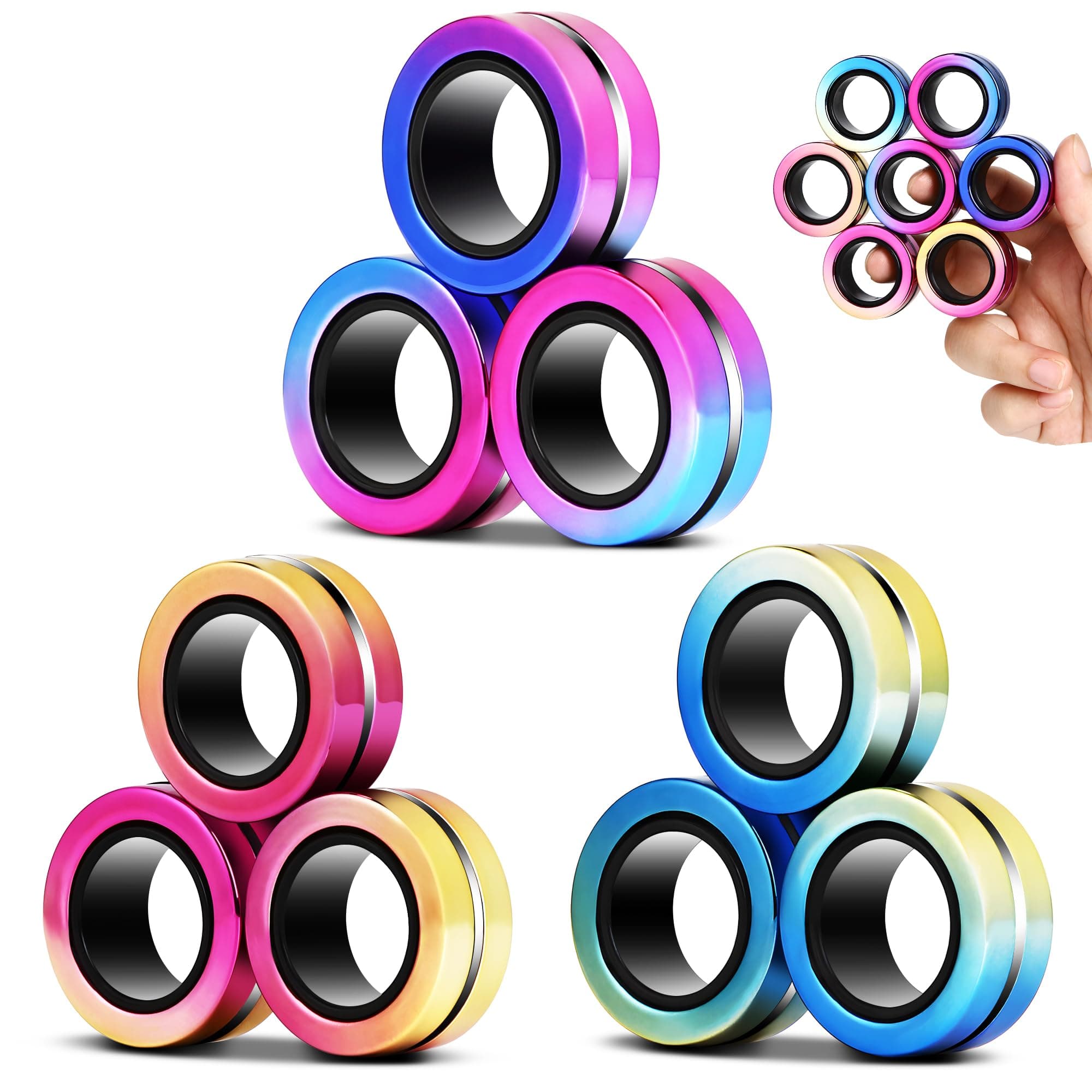 9 Pack Magnetic Rings Fidget Toy Set, Easter Basket Stuffers - Magnetic Fidget Rings for Kids & Teens, ADHD Sensory Fidget Toys, Stress Relief Anxiety Toys for Autism