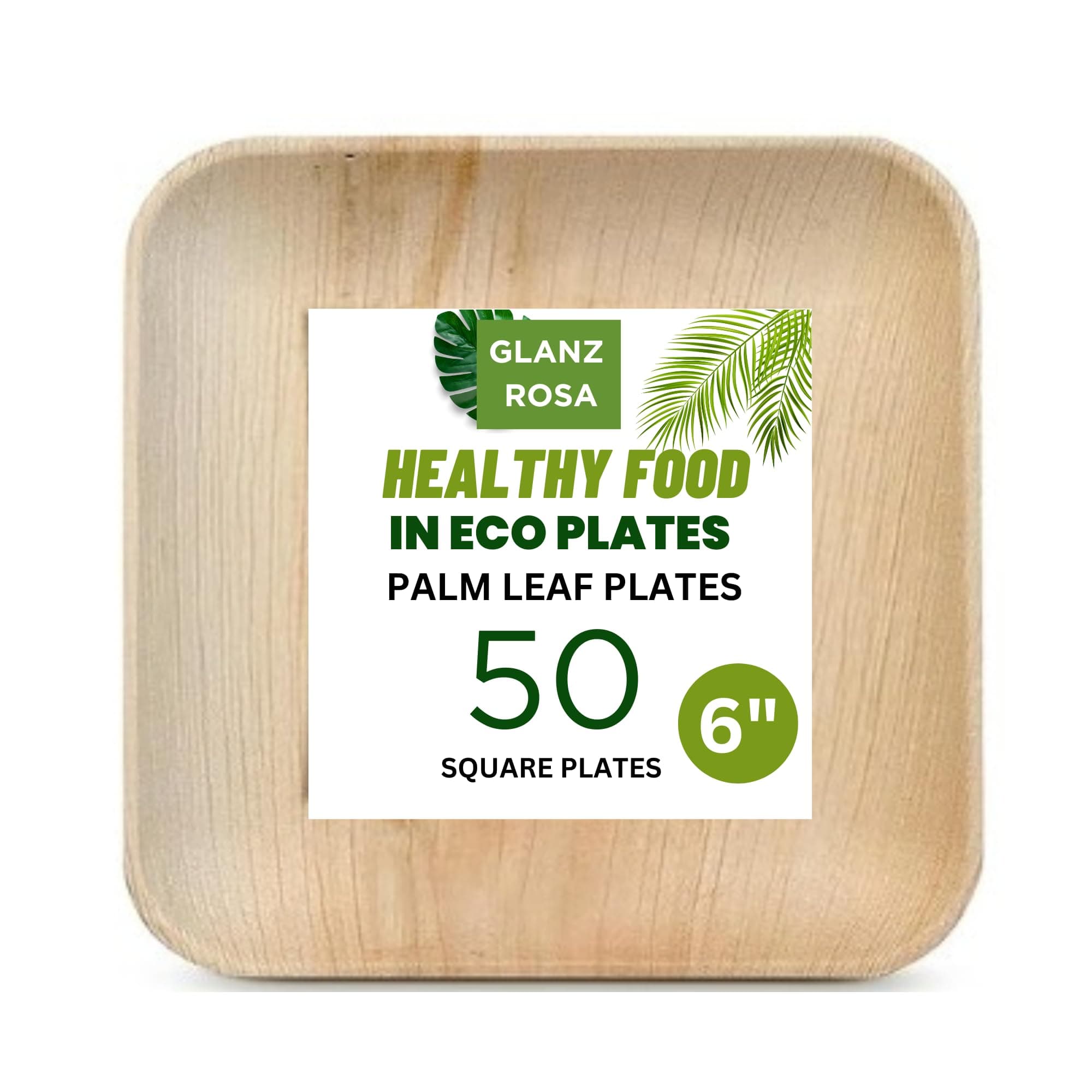 Glanz Rosa Eco-Friendly Disposable Palm Leaf Plates - 6 inch 50 Pack Bamboo Plates Like, Compostable and Biodegradable, Stronger than Plastic and Paper Plates - Perfect for Parties and Events
