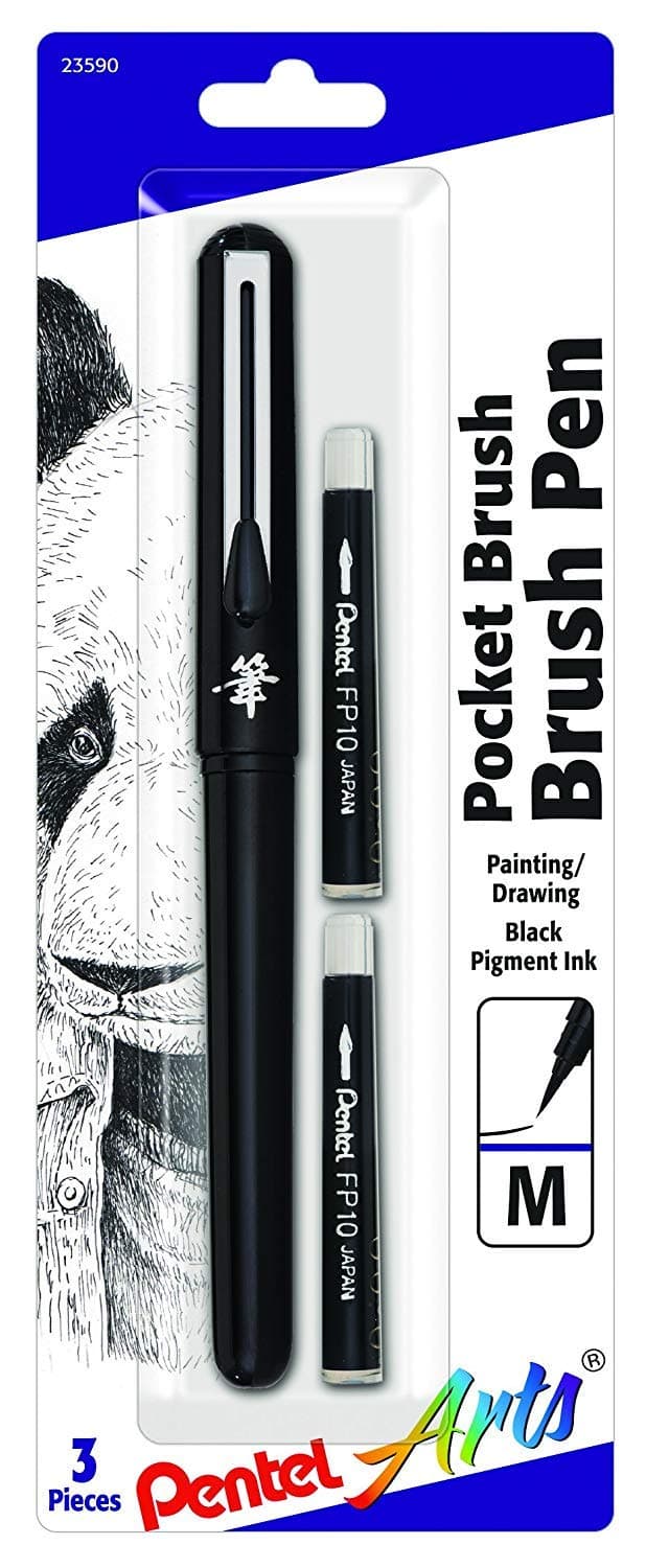 Pentel Arts Pocket Brush Pen with Refills, 1 Pen & 2 Refills