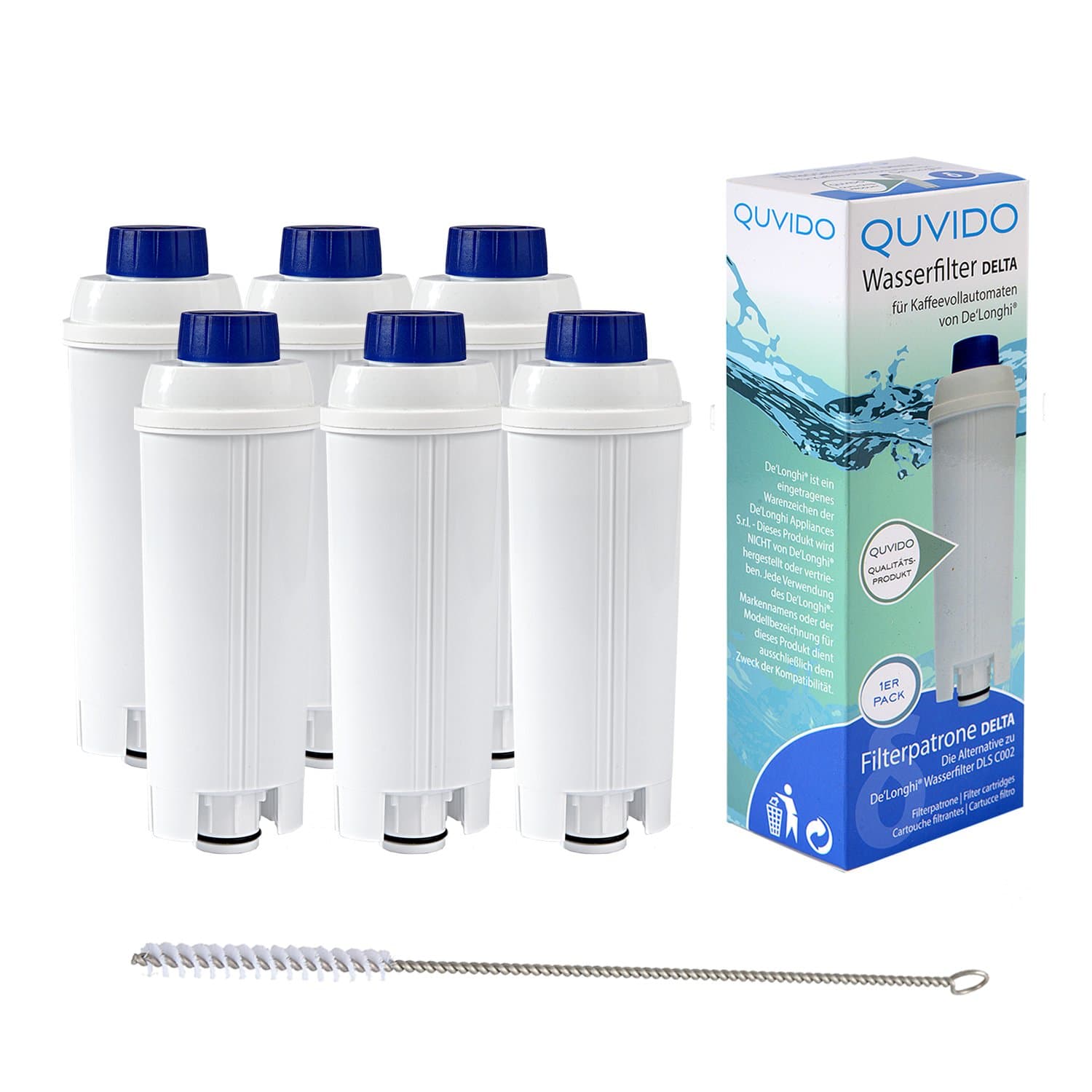6 x QUVIDO Delta QUVIDO Water Filter for Delonghi Coffee Machine + Cleaning Brush