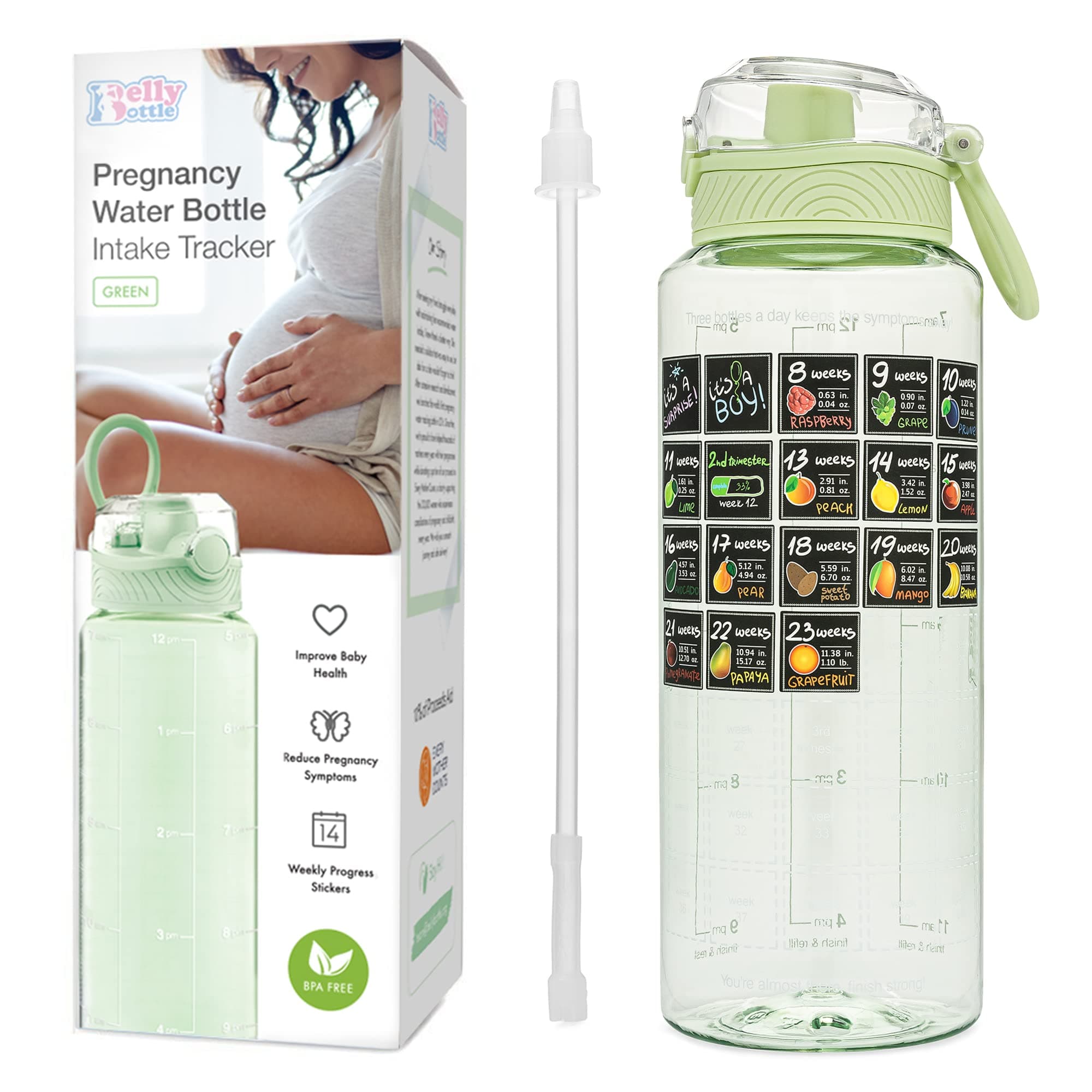 BellyBottle Pregnancy Water Bottle Tracker Must Haves for Expecting Moms Nausea Relief + Straw + BPA Free Green