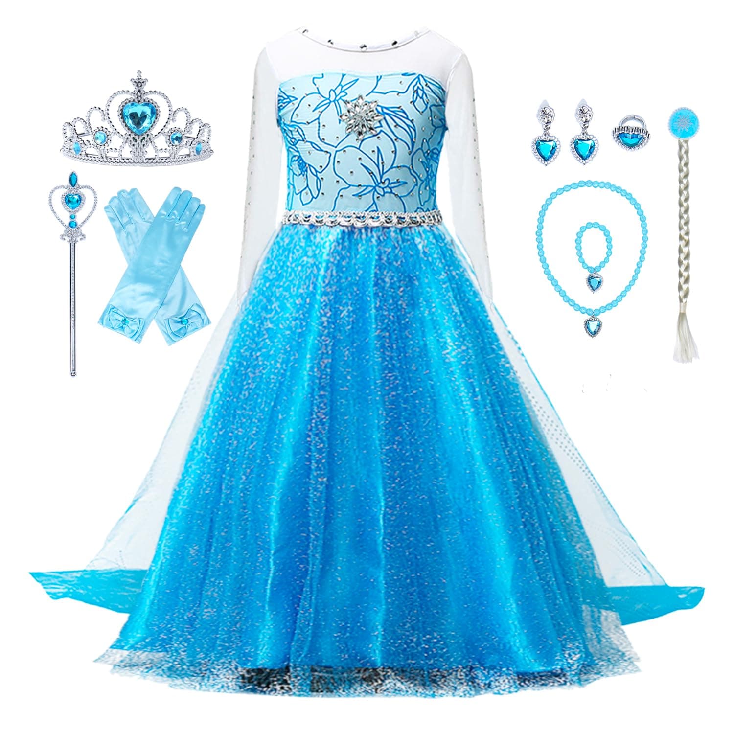 VBY Snow Princess Dress for Girls Cosplay Party Costume Queen Birthbay Dress up 3-8T with Luxury Accessories