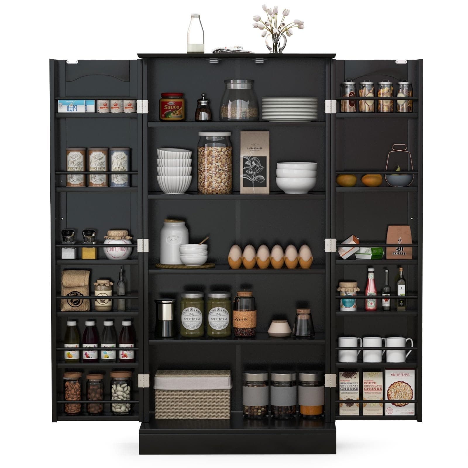 Kitchen Cupboard, Wooden Buffet Pantry Cabinet with 17 Shelves and 2 Doors, Multifunctional Storage Organizer for Living Room Dinning Room (Black, 60 x 40 x 120cm)