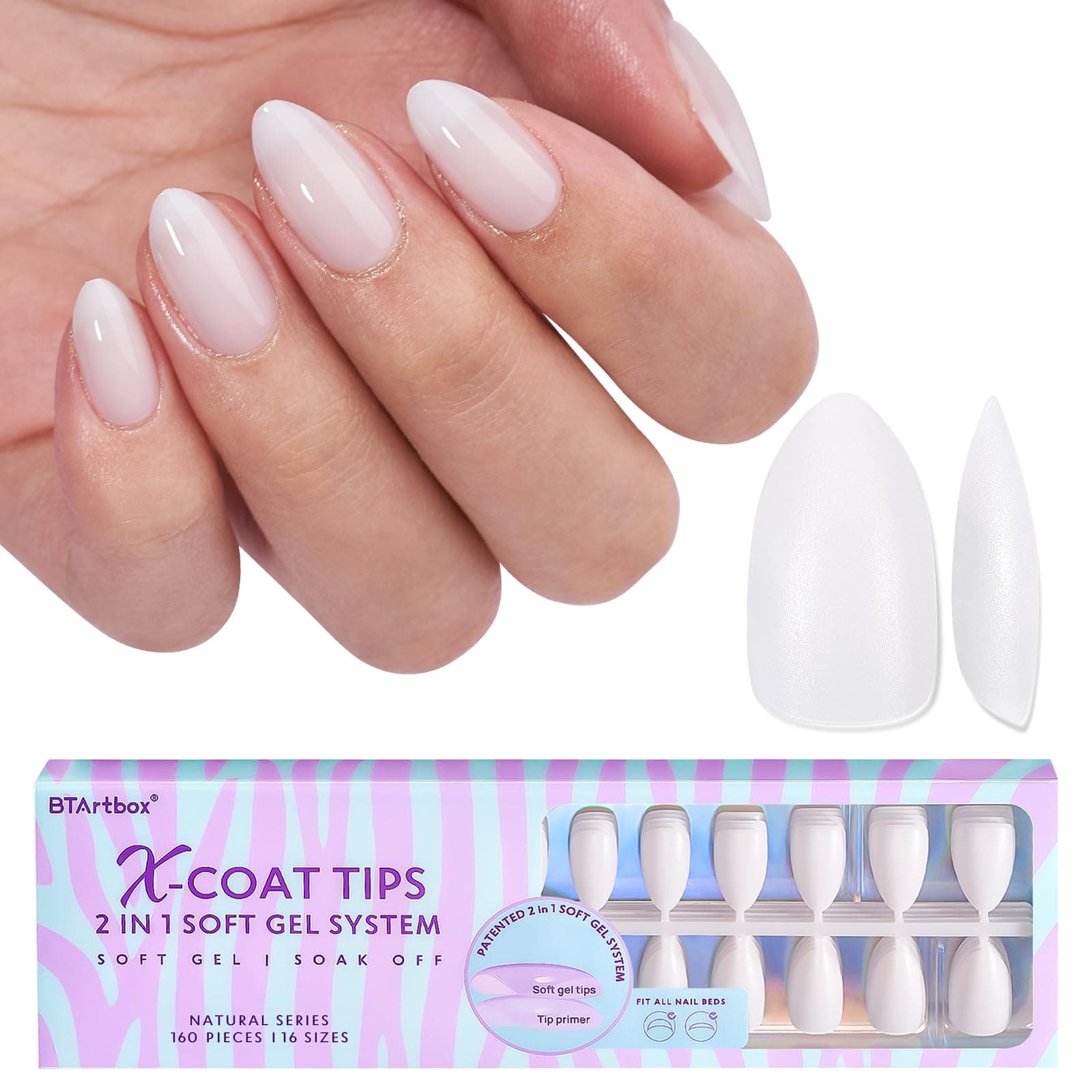 Almond Gel Nail Tips Short - Pre Colored Milky White Soft Gel Nail Tips, Milky White Press on Nails, Natural XCOATTIPS