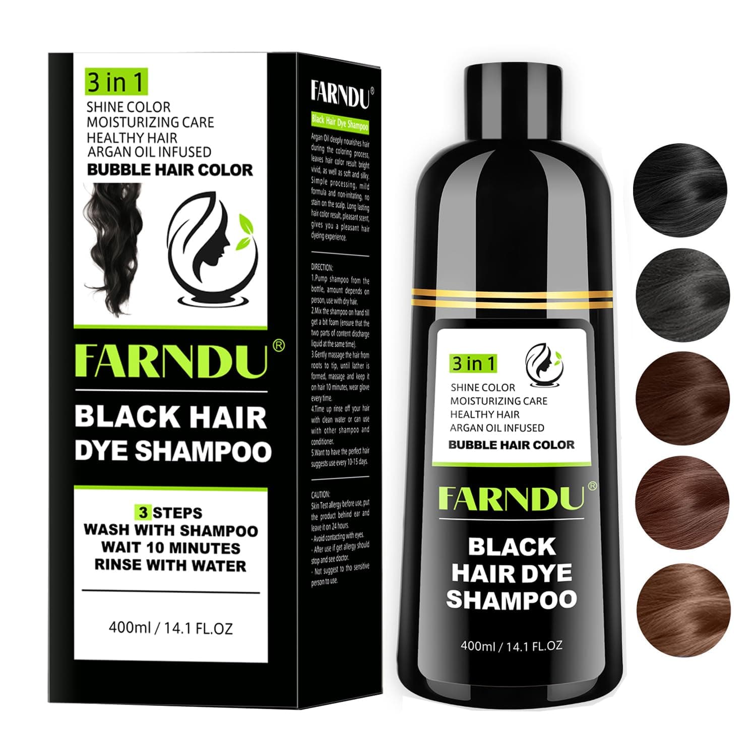 Black Hair Dye Shampoo for Women & Men, Gray Hair Coverage Herbal Natural 3 in 1 Hair Color Shampoo, Champu para canas