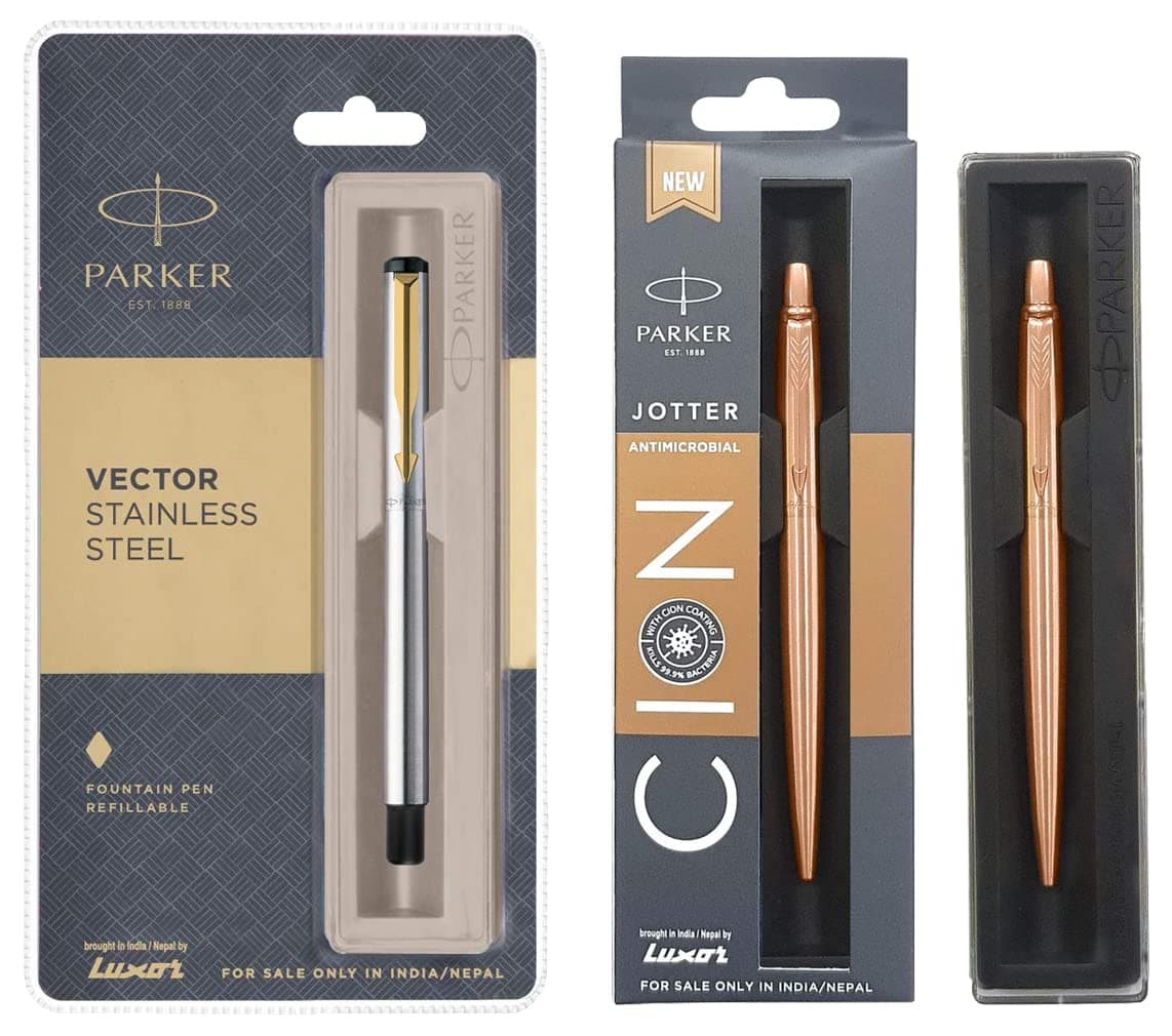 Vector Stainless Steel GT Fountain Pen & Parker Jotter Anti Microbial Stainless Steel Ball Pen (Ink - Blue)