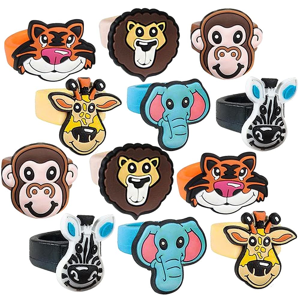 ArtCreativity Zoo Animal Rubber Rings for Kids, Pack of 12, Adorable Kids Jewelry for Little Girls and Boys, Fun Assorted Colors, Skin-Safe Silicon, Zoo Party Favors, Goodie Bag Fillers, Rubber