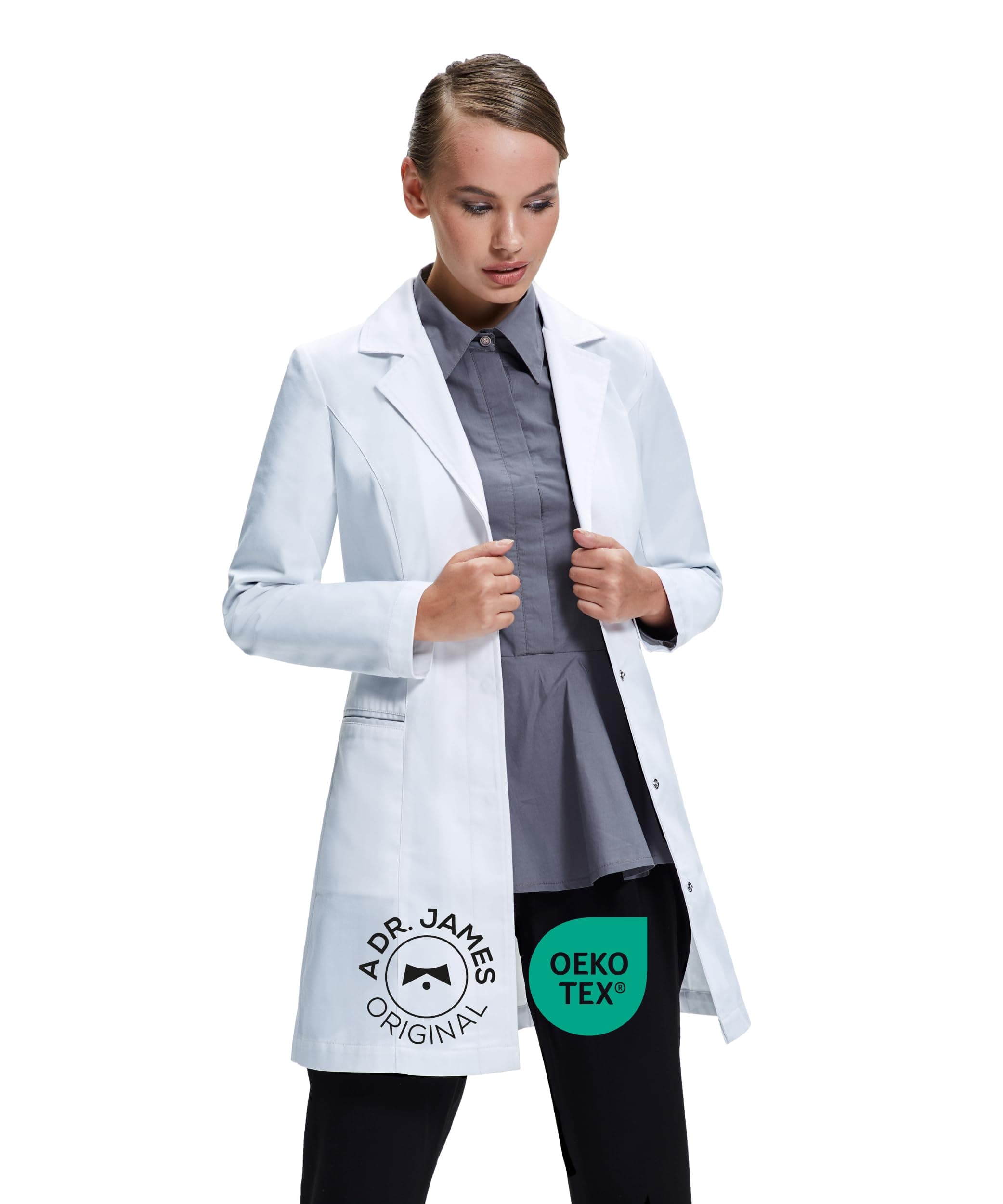 Premium Tailored Lab Coat for Women, Slim Fit, Concealed Press Stud Fastening, Two Hip Pockets, 33" Inches Length, OEKO-TEX® Certified Fabric
