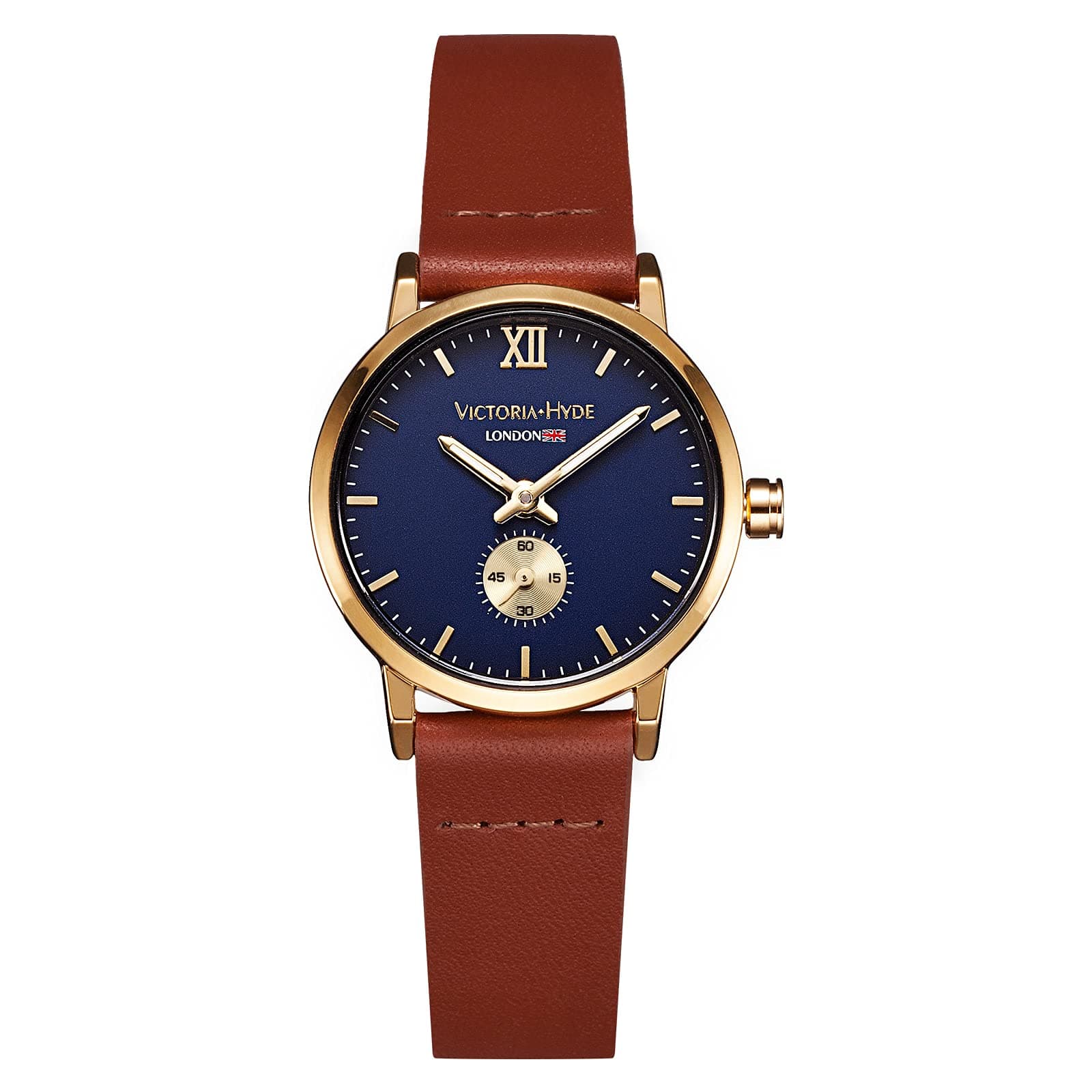 Women Second Hand Wrist Watch Gold Round With Blue Dial Quartz Waterproof Leather Brown