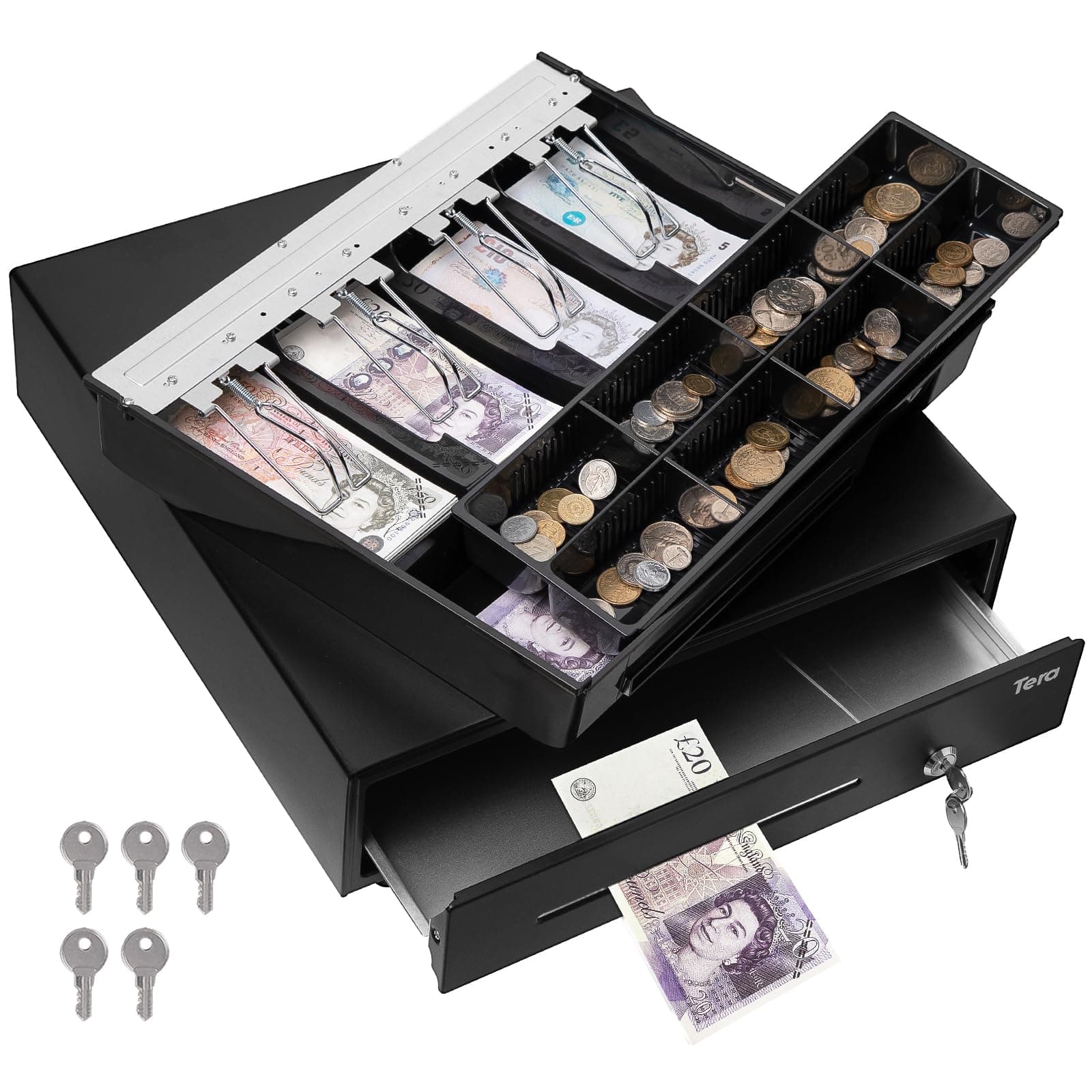 Tera Cash Register Till Drawer Box Cash Drawer Tray for POS System, Removable Coin Compartment for Shops Businesses, 415R