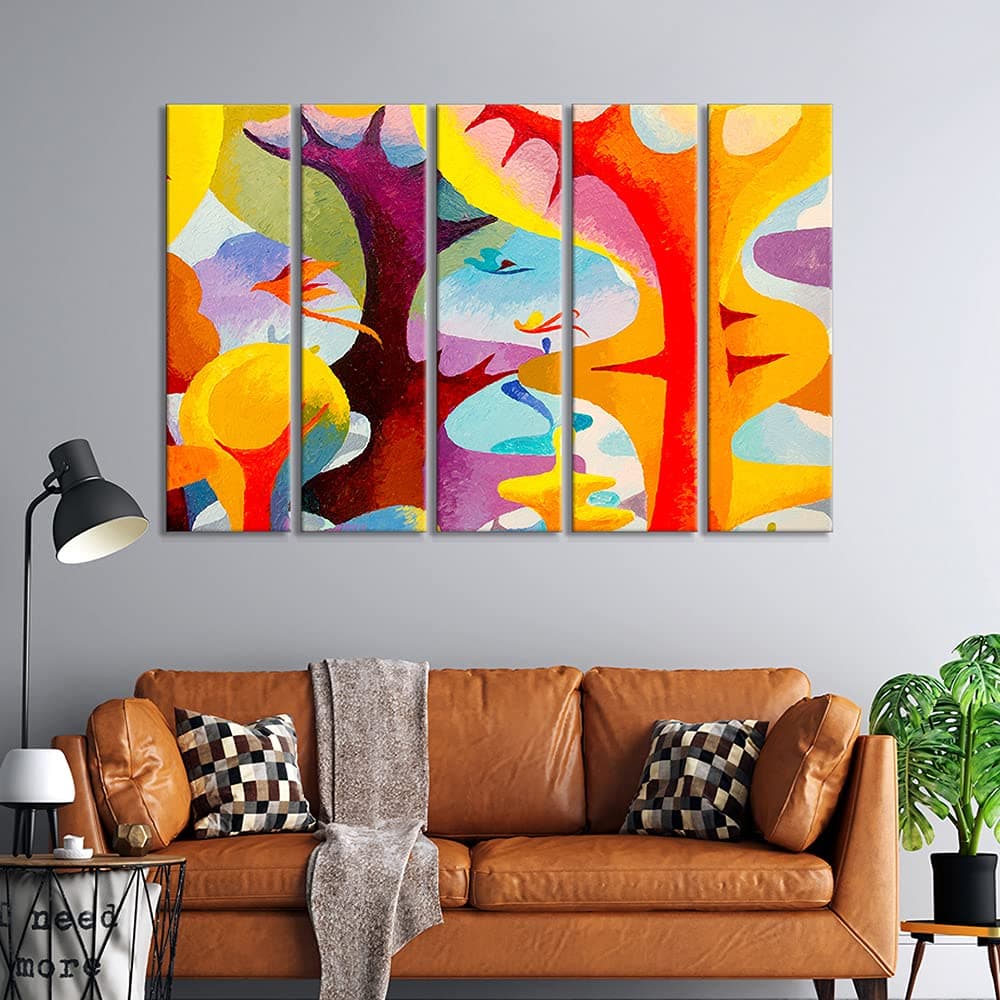 999STORE 5 panel wall painting wall frames for living room with frame wall hanging Abstract tree with Birds nature amazing view item art (MDF_Size_76x130 cms_color_Multi) 5Frames0584