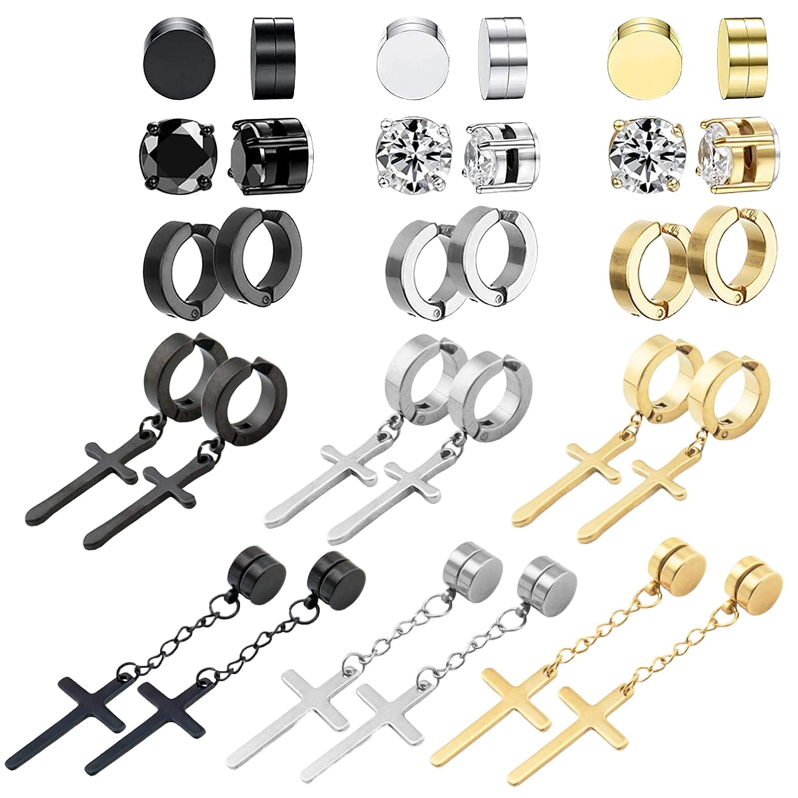 15 Pairs Magnetic Stud Earrings for Men Stainless Steel Magnetic Earrings Men Clip on Earrings Non Piercing Cross Earrings Unisex CZ Hoop Dangle Magnetic Earrings for Men Women