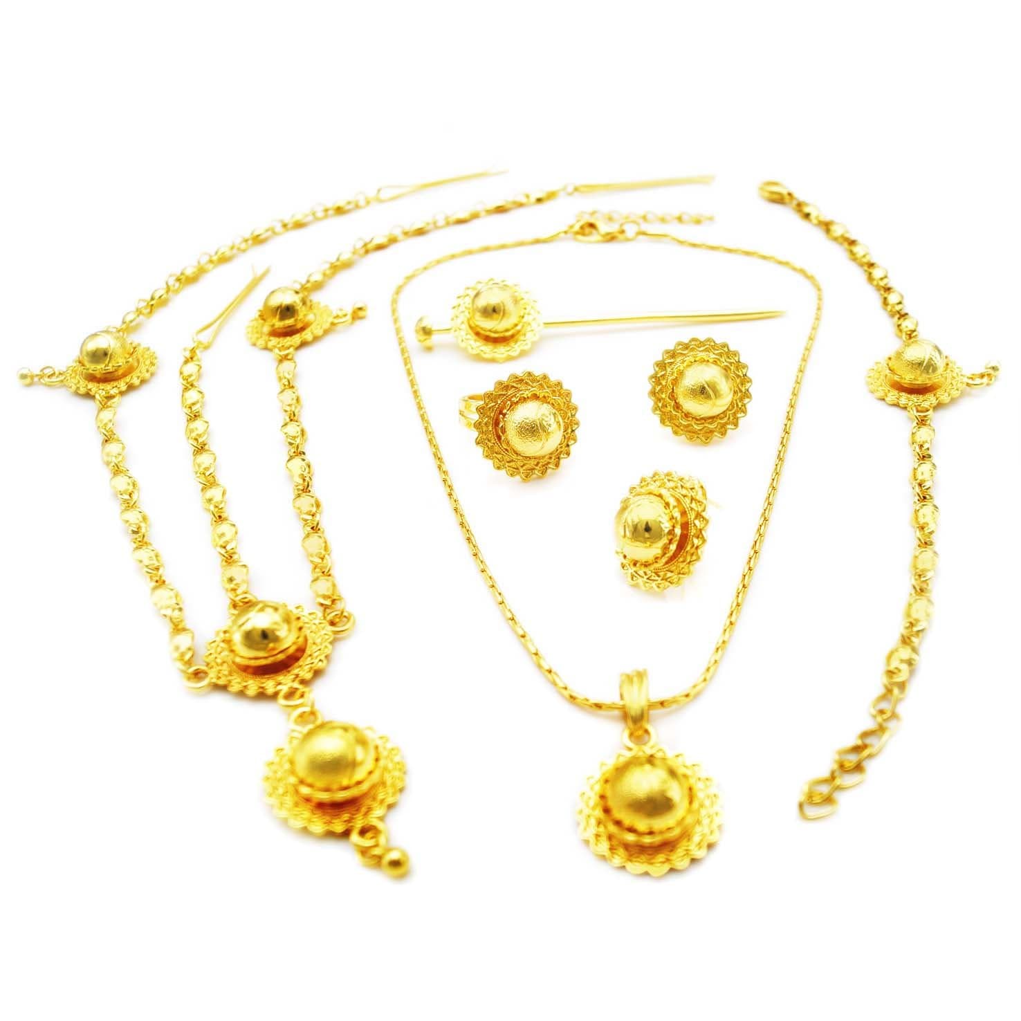 Yulaili Women's Ethiopian Necklace Eritrean Wedding Costume Gold Bridal African Traditional Jewellery Hairpin Forehead Hair Pieces