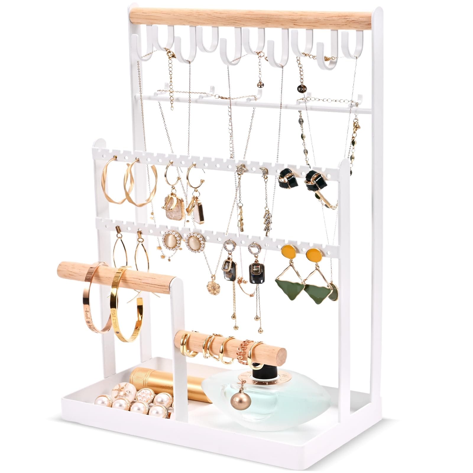 Jewelry Stand, 6 Tier Jewelry Rack Necklace Holder Organizer with 15 Hooks and Bottom Tray, Jewelry Tower Display Storage Tree for Bracelets Earrings Rings - White