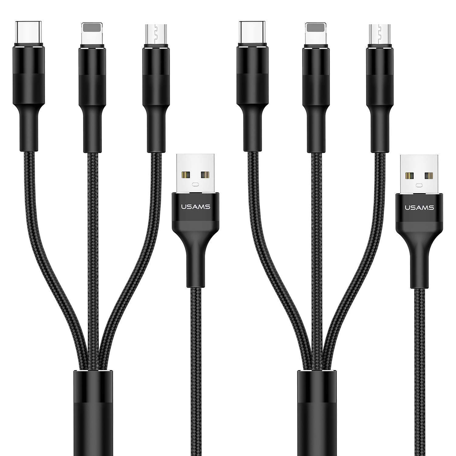 USAMS [2 Pack] Multi Charging Cable, 5FT 3 in 1 Nylon Braided USB Multiple Charger Fast Charging Cord Compatible with Most Smart Phones & Pads