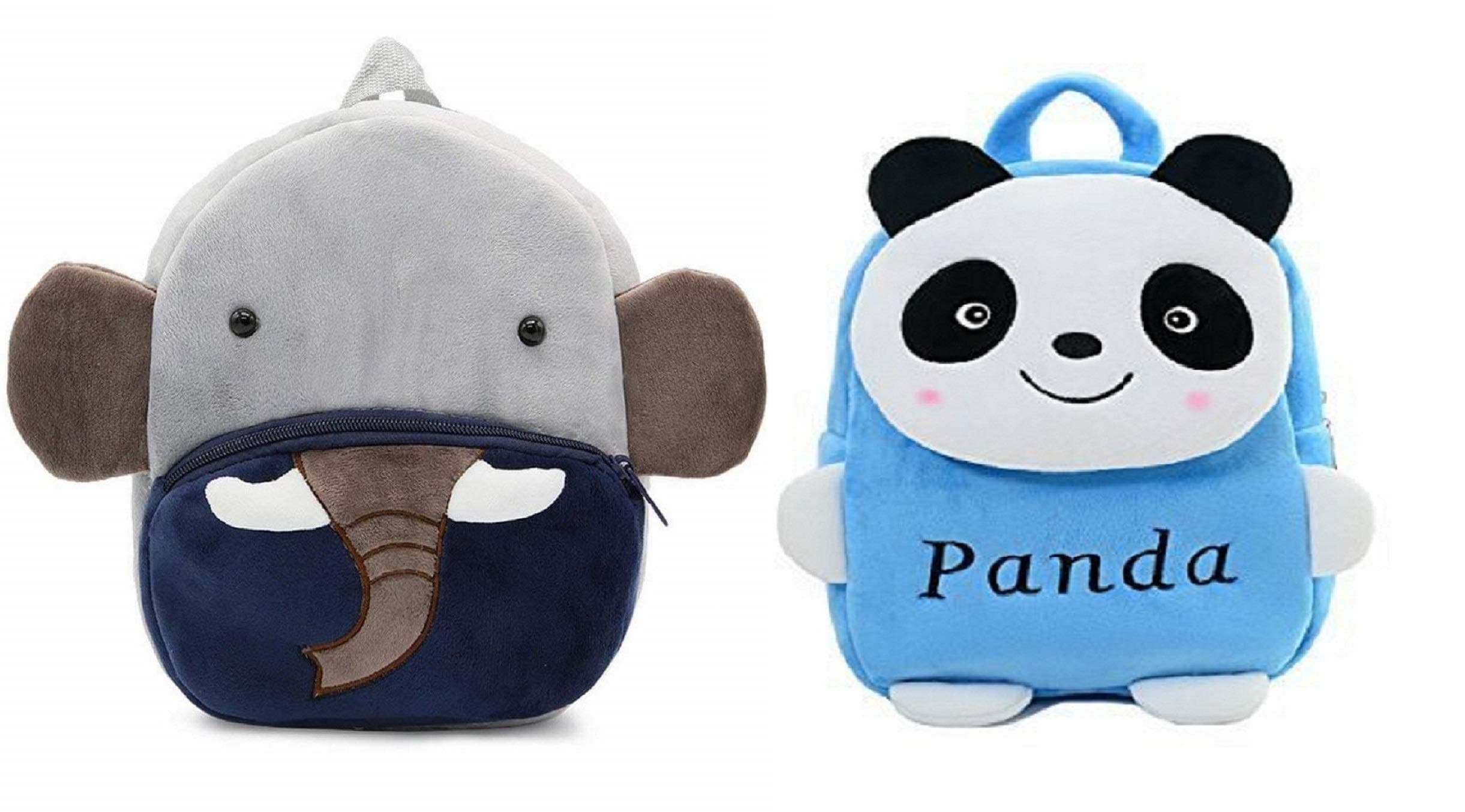 Black HillBlack Hill Kids School Bag Combo Soft Plush Backpack Cartoon Bags Mini Travel Bag for Children Girls Boys (Ch Elephant & Blue Panda)