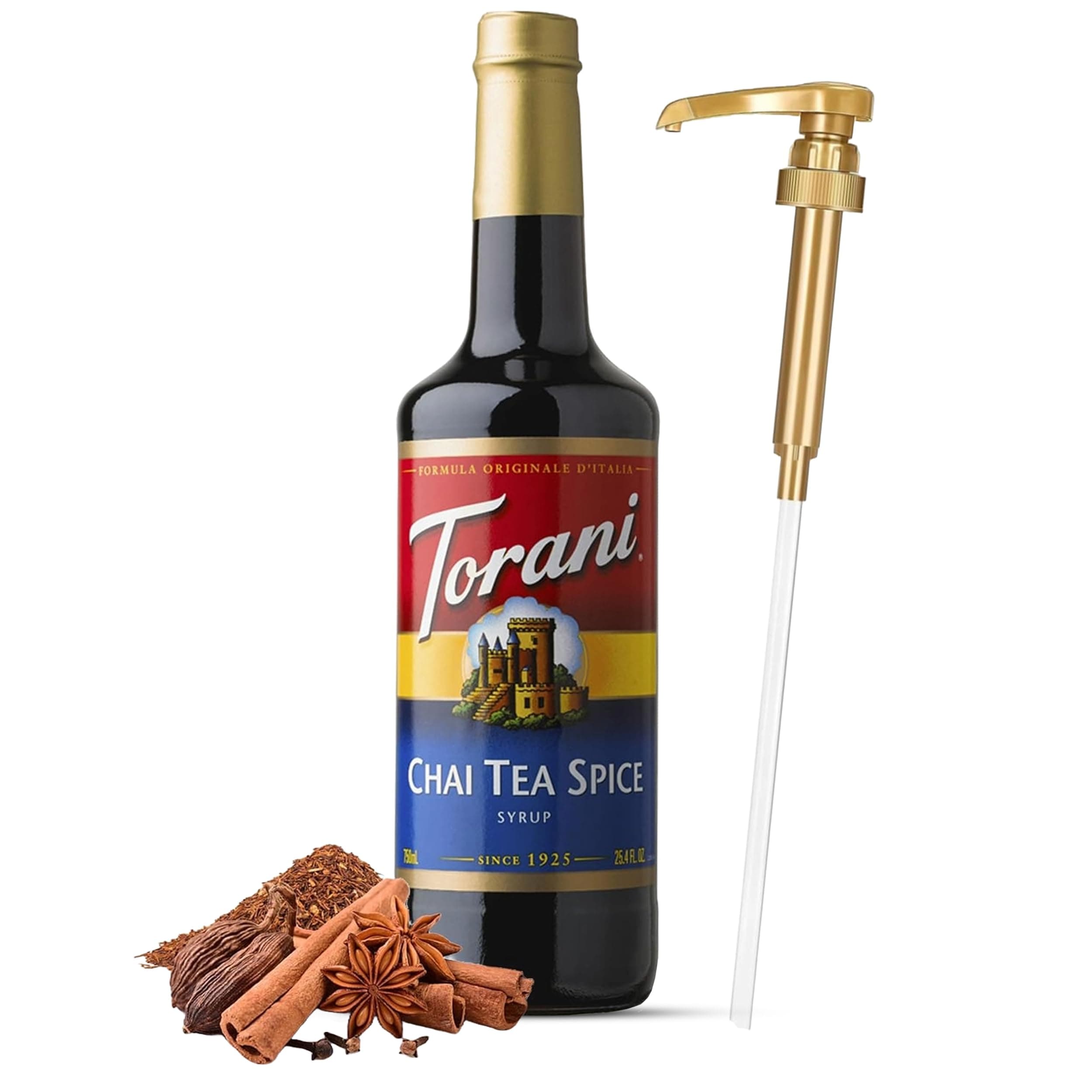 Jimoco® Syrup Pump Dispenser + Torani® Chai Tea Syrup, 25.4 oz - Coffee Syrup Pump & Flavoring Bundle