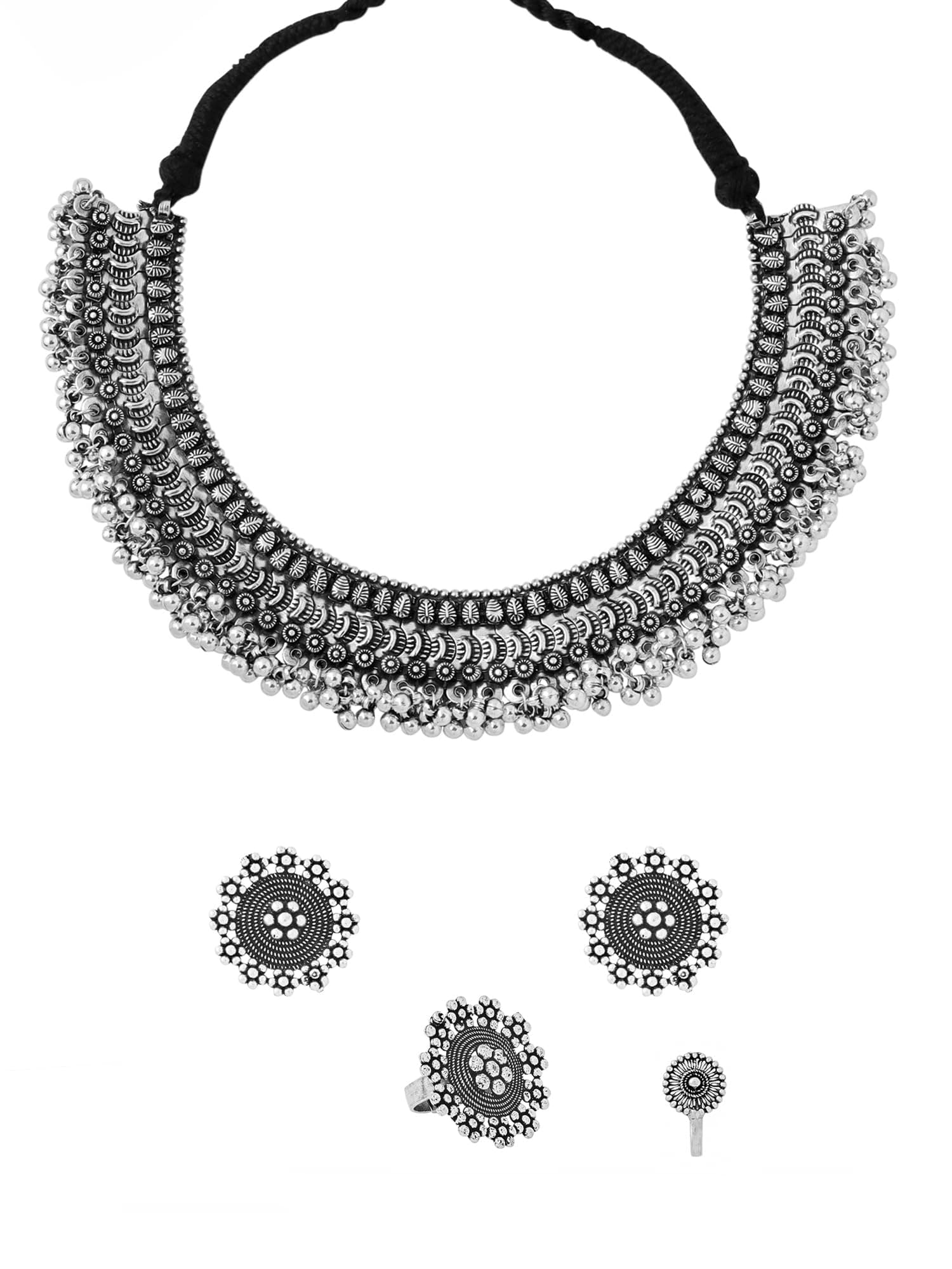 Yellow Chimes German Silver Oxidised Jewellery Set Traditional Threaded Choker Necklace Set for Women and Girls