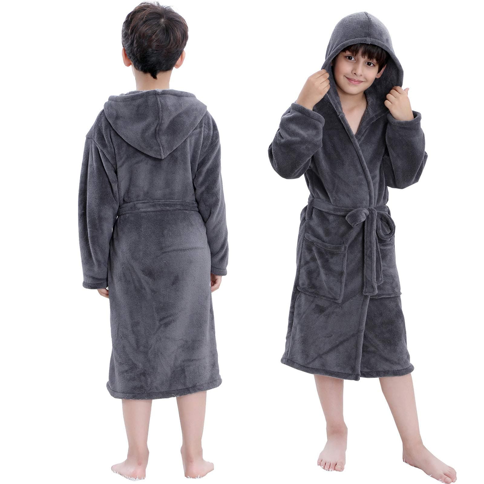 Hooded Herringbone Boy's Fleece Grey Soft Spa Kimono Long Robe,Kids Comfy Sleepwear Bathrobe