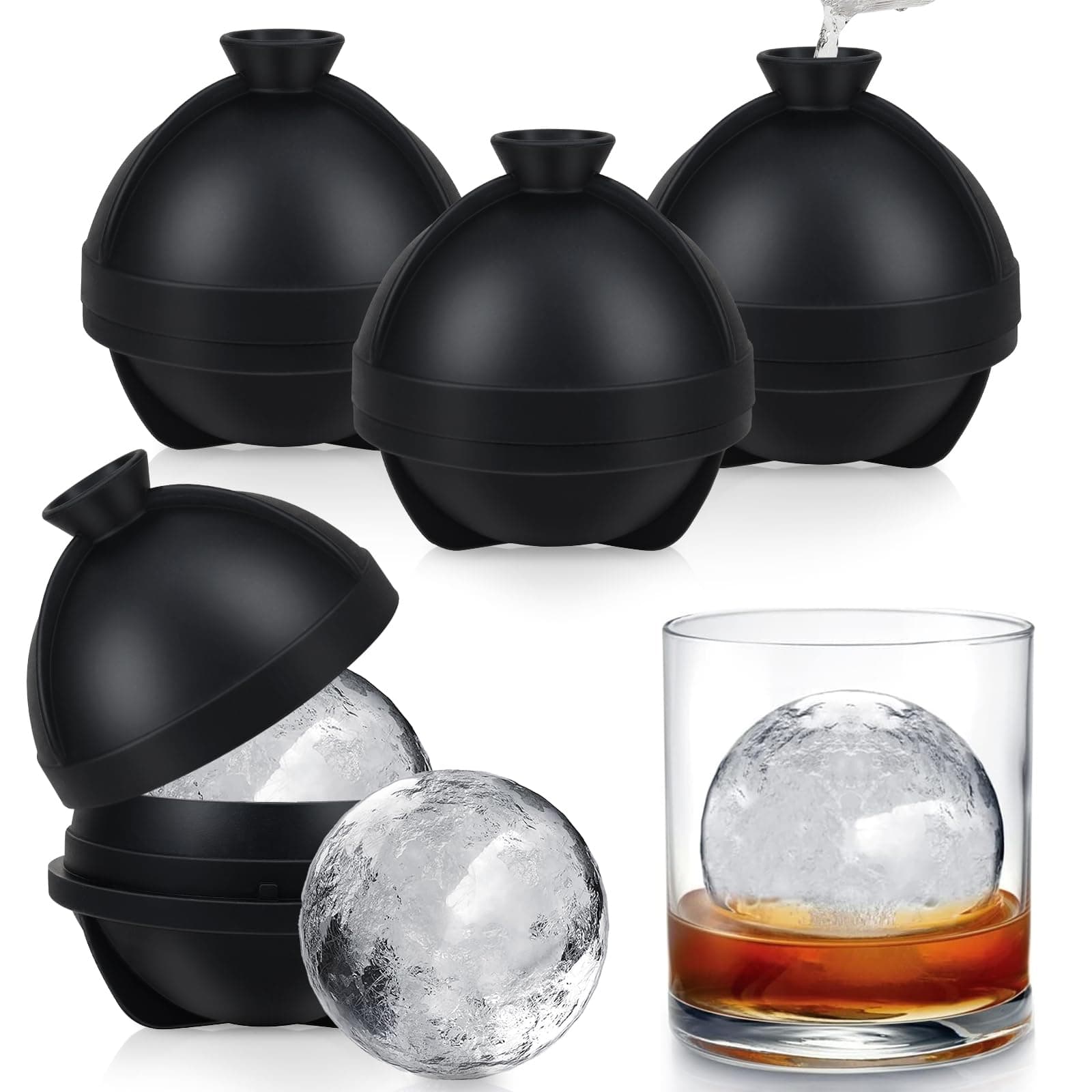 Ice Cube Moulds | 4 Pcs Large Ice Ball Maker with Leak Proof Lid | Food Grade Silicone Round Ice Cube Moulds Easy to Pop Out | Sphere Ice Cube Mould Perfect for Freezer Whiskey, Gin, Cocktails