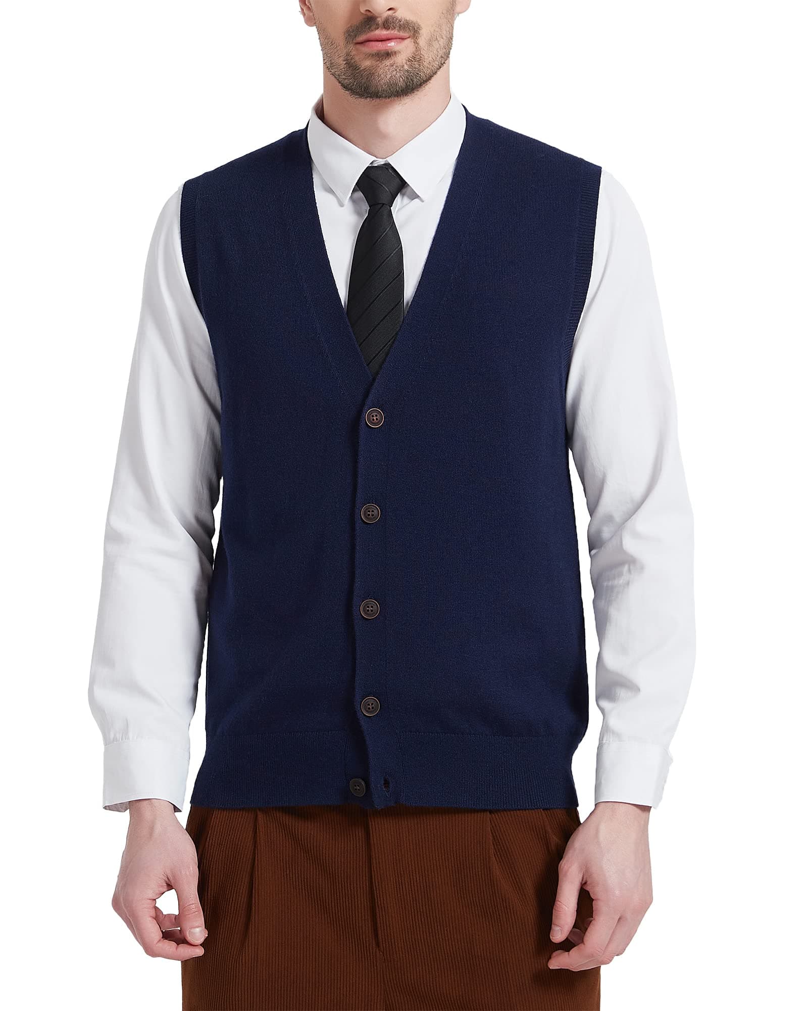 Men’s Wool Blend Vest Sweater V Neck Button Front Sleeveless Cardigan Smart Casual Jumper Knitwear
