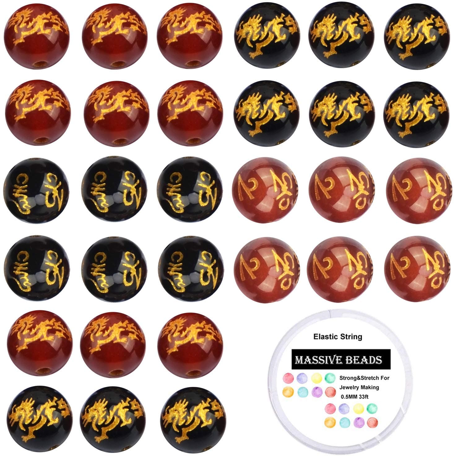 100Pcs Natural Crystal Beads Stone Gemstone Round Loose Energy Healing Beads with Free Crystal Stretch Cord for Jewelry Making (Craved Dragon Mantra Red Black Agate, 8MM)