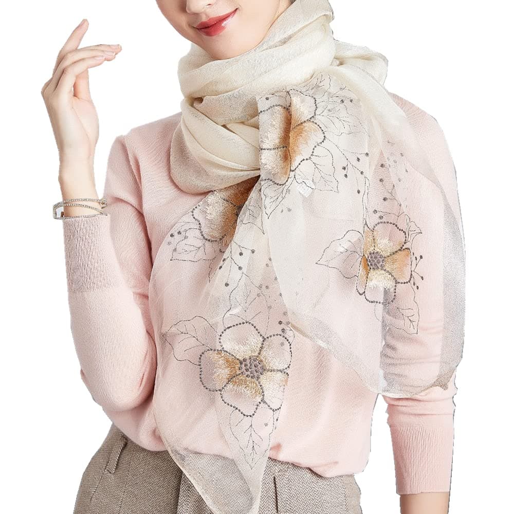 WINCESS YU Women Mulberry Silk Scarf Long & Large Embroidered Floral Pattern Shawl and Wraps Neckerchief for Hair & Neck…