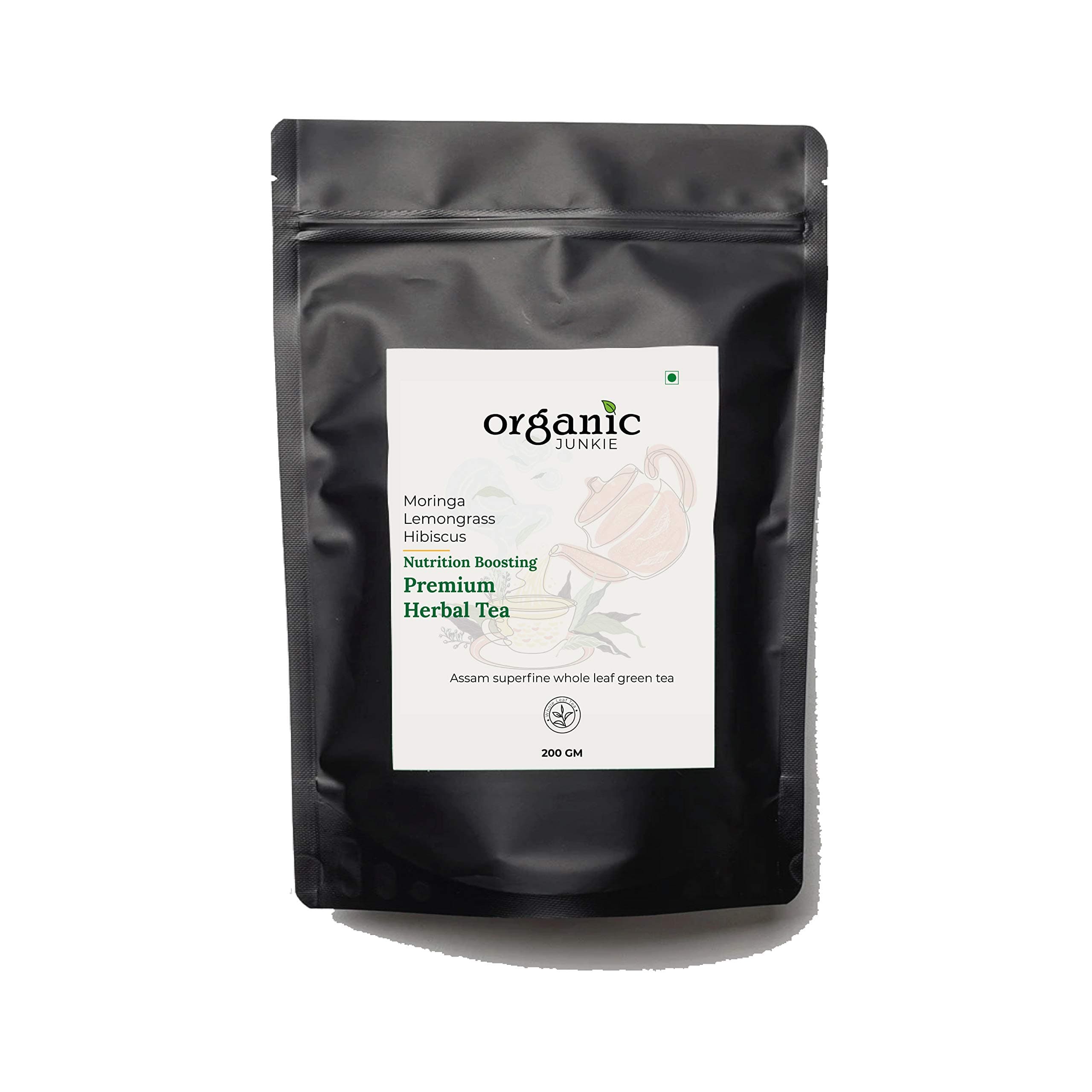 Organic Junkie Green Tea blended with Moringa, Hibiscus and Lemongrass (Nutrition) - 200 Gms