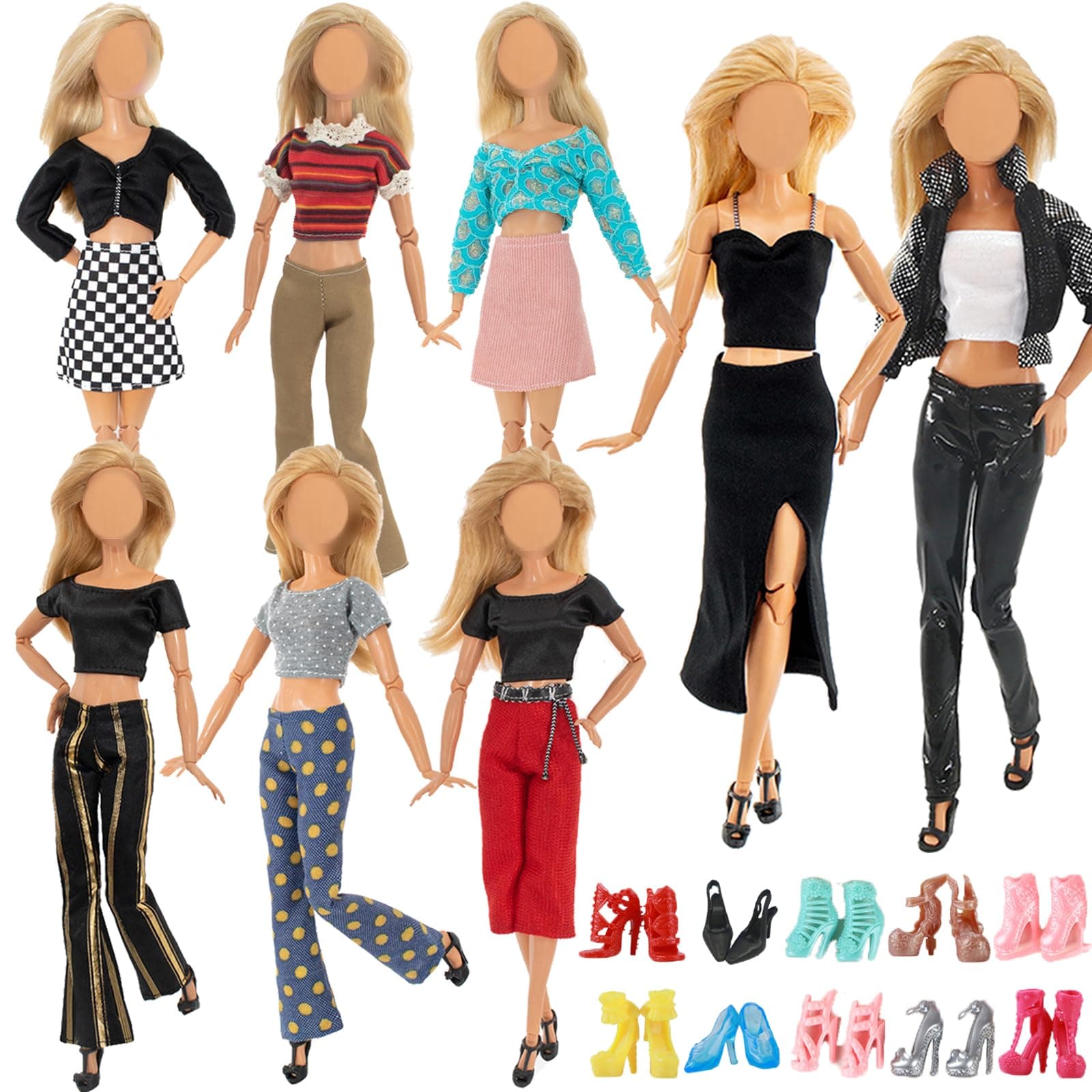 Carreuty 16 PCS Clothes and Accessories for 11.5 inch Girl Doll Including 6 Handmade Fshion Wear Outfits ( Tops and Pants or Dress) and 10 Pair of Shoes in Random Christmas Birthday Present for Girls