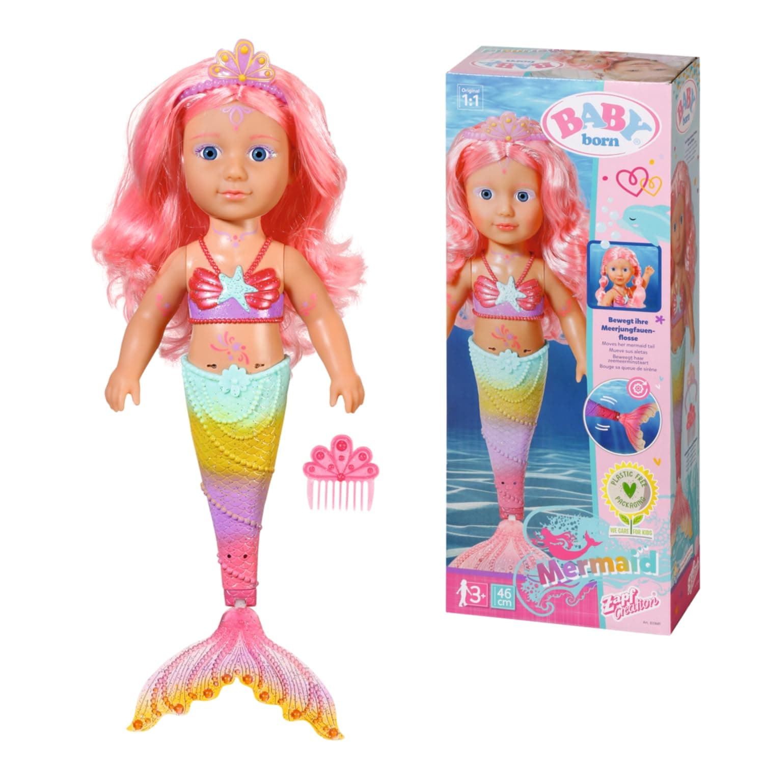 BABY born Little Sister Mermaid - 46cm Mermaid doll with body tattoos, a moving tail hair for styling - Includes comb and tiara - Suitable for children aged 3+ years - 833681