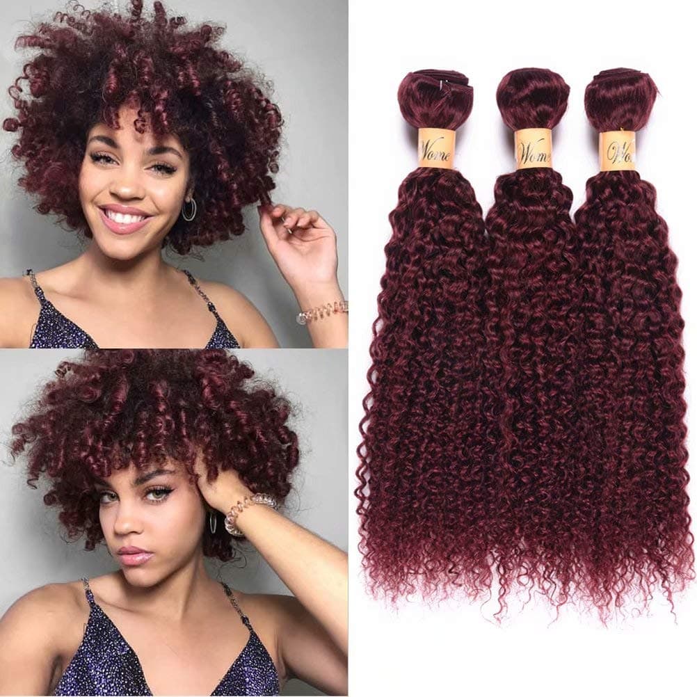 Wome Hair Remy Peruvian Curly Human Hair Bundles 3 Bundles #99J Burgundy Red Kinky Curly Human Hair Weave Weft Extension(10" 12" 14",Burgundy #99j)