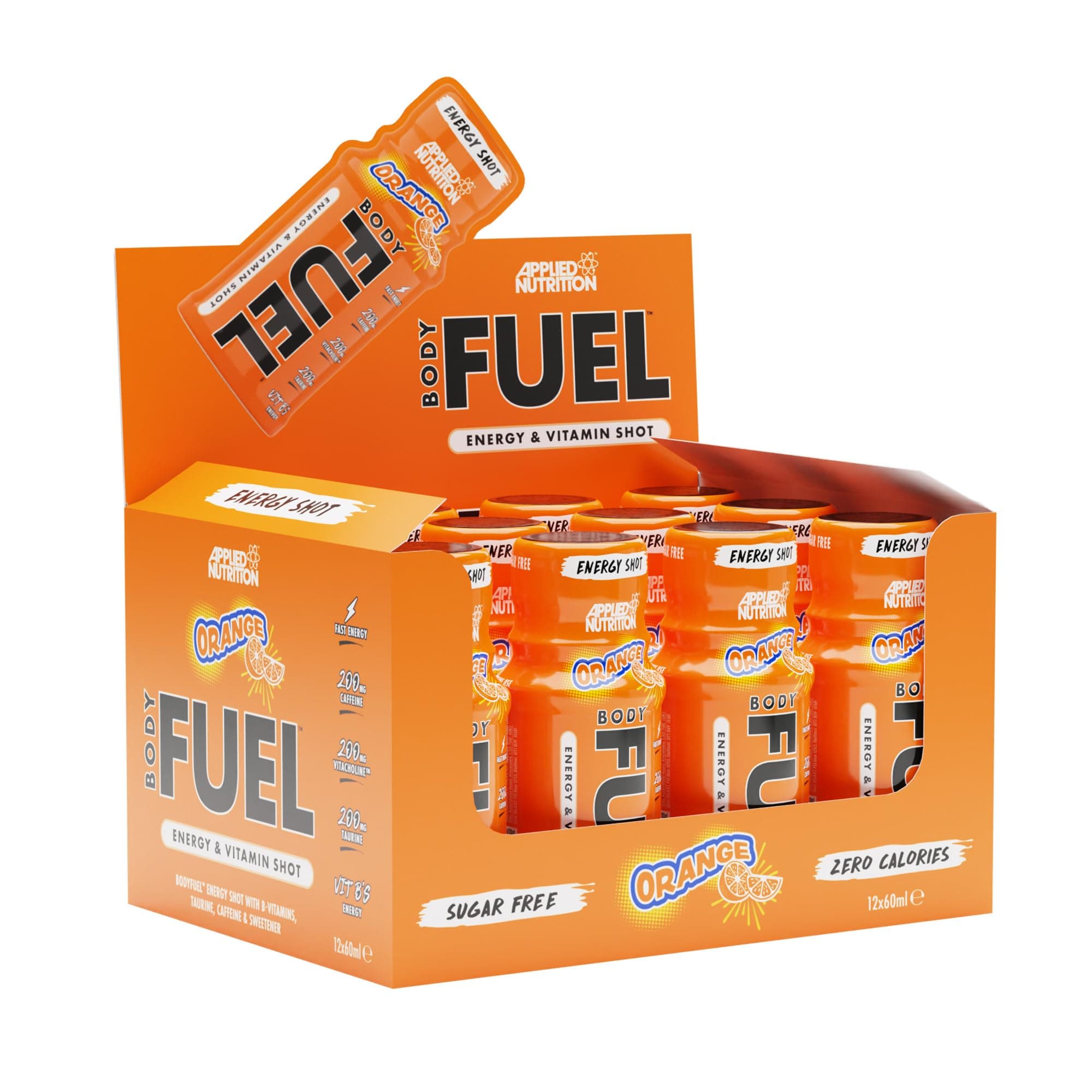 BodyFuel Energy Shot - Body Fuel Prime Energy Shot, Physical Performance with B-Vitamins, Taurine, Caffeine, Sugar Free, Zero Calories (Box 12 Units x 60ml) (Orange)