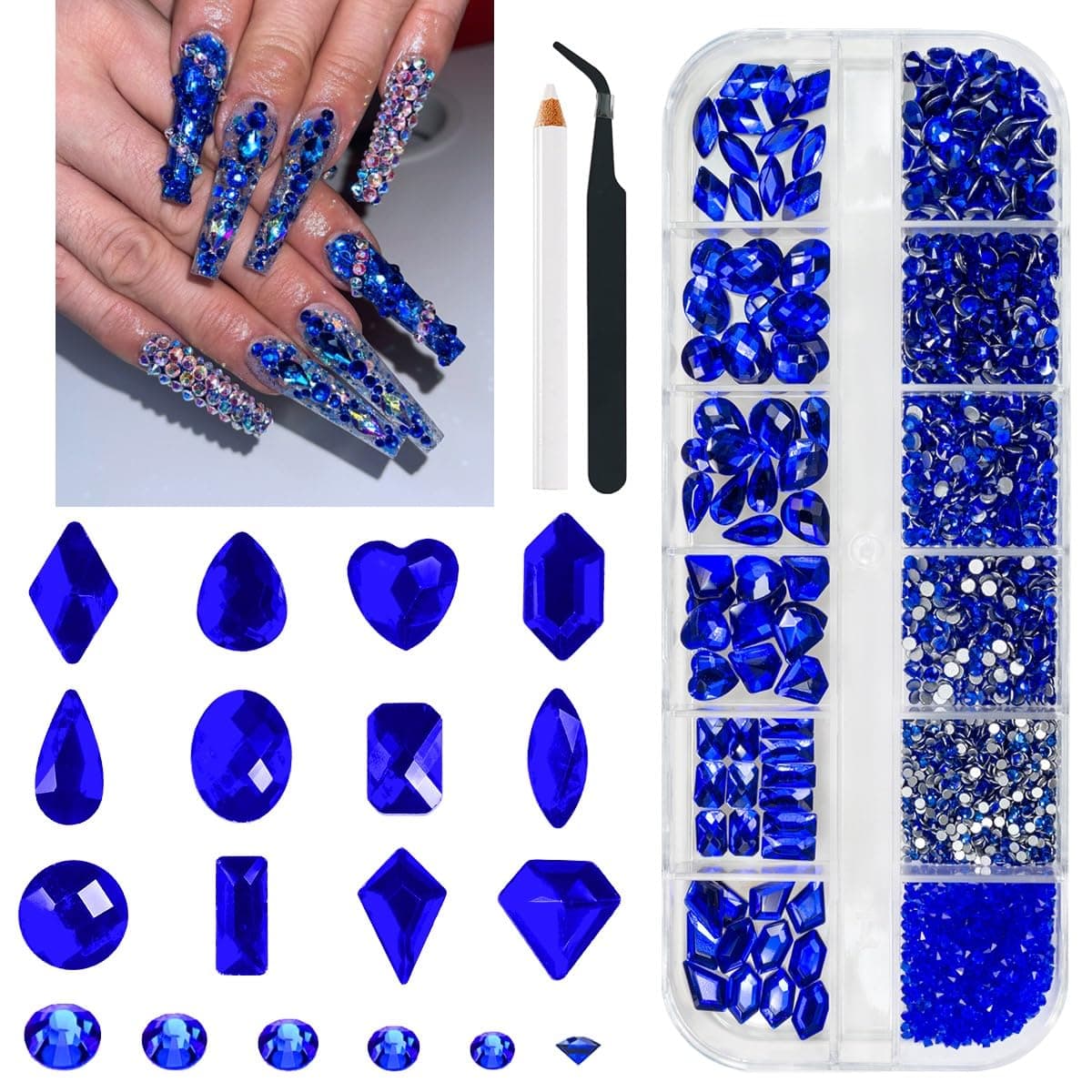 2052Pcs Sapphire Blue Nail Art Rhinestones Kit Royal Blue Nail Charms Multi Shapes Crystal Flatback Rhinestones Big Gems + Round Beads Glass Stones Diamonds Jewels for Nails Faces Eyes Makeup