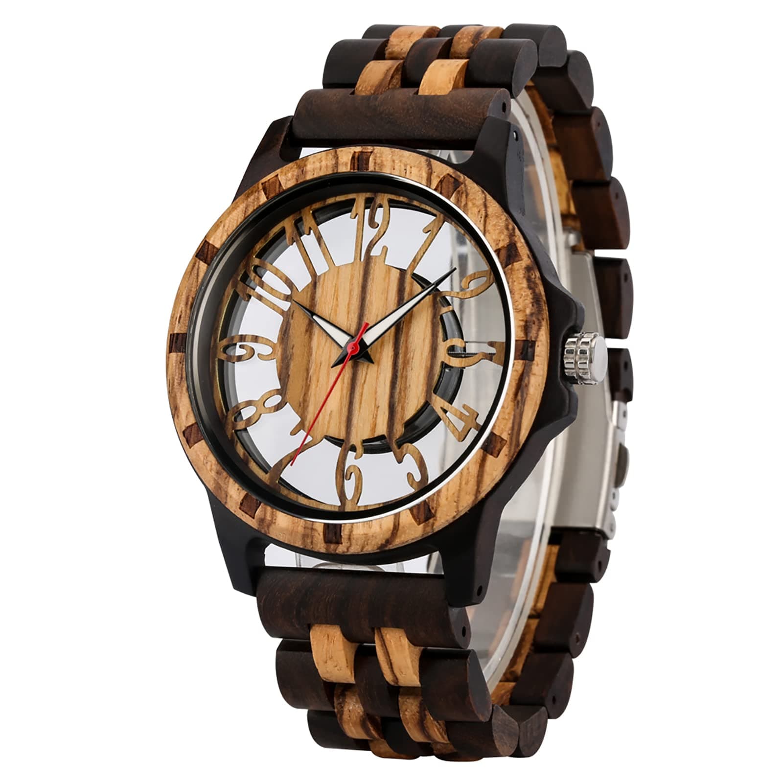 Realpoo Brown Deep Black Ebony Zebra Wooden Quartz Men's Watch,Foldover Clasp Wood Strap Wooden Watches for Men